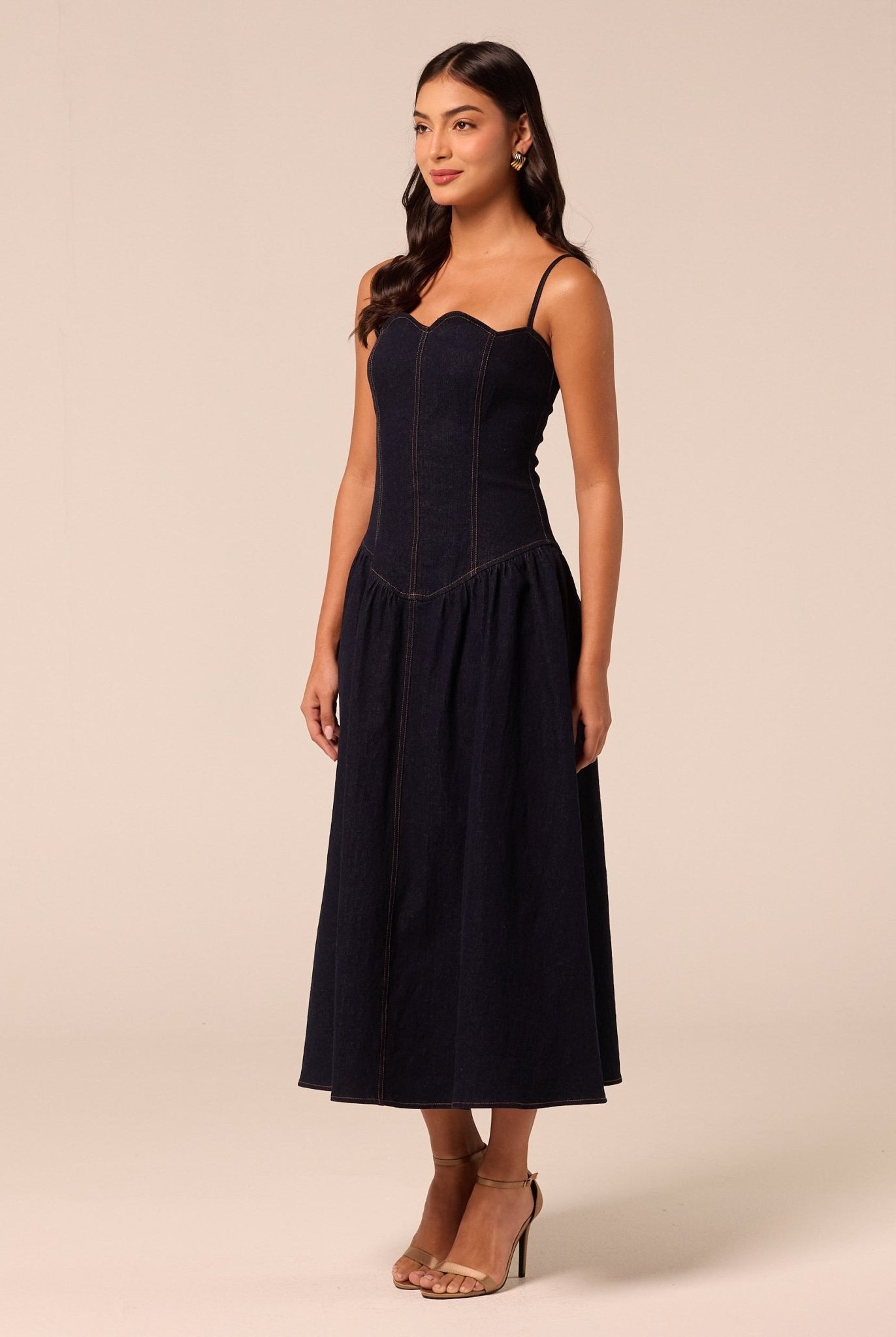 Corset A-line Denim Midi Dress - shopaleena