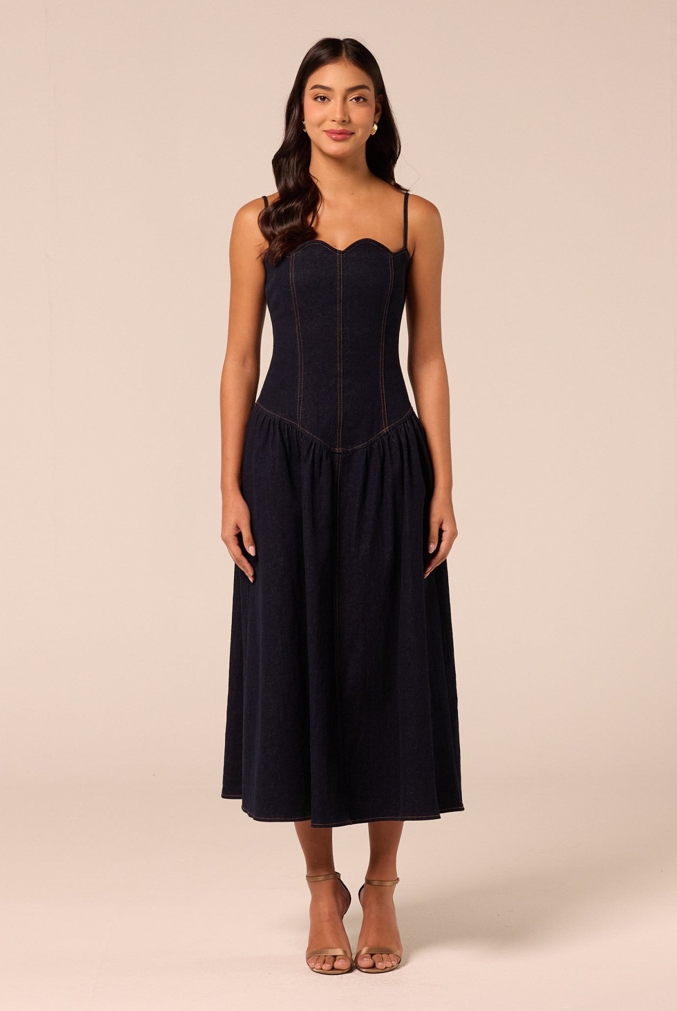 Corset A-line Denim Midi Dress - shopaleena