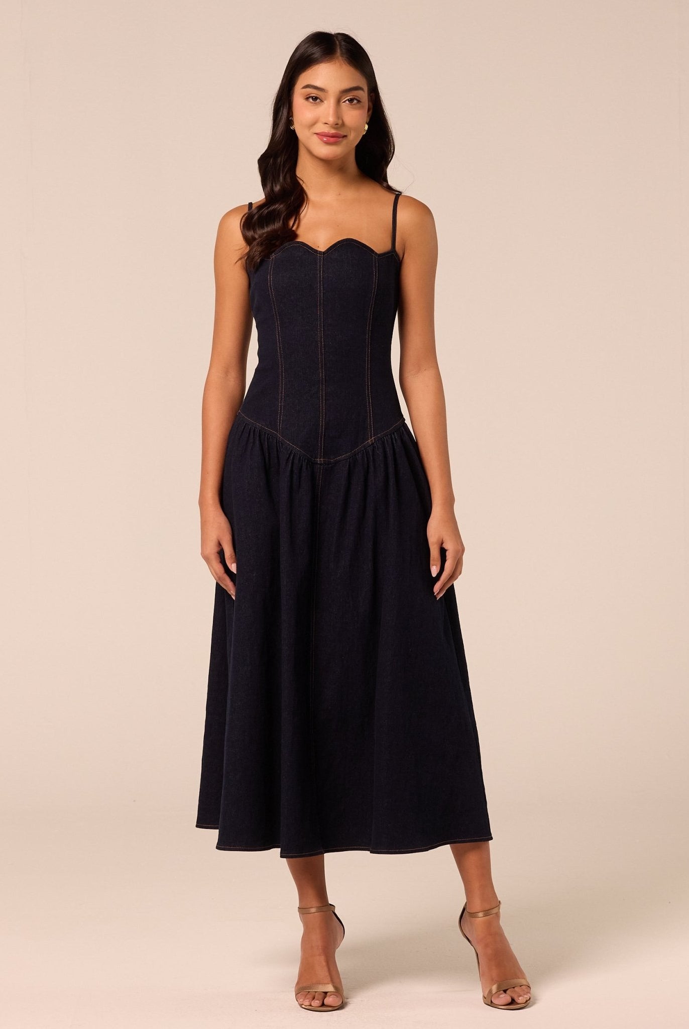 Corset A-line Denim Midi Dress - shopaleena
