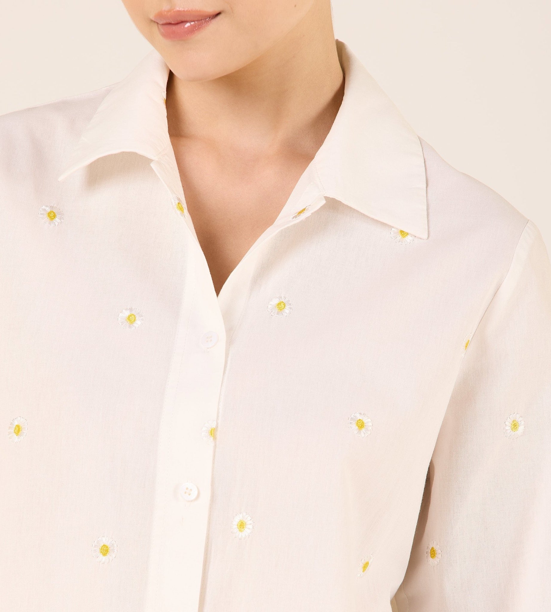 Cotton Embroidered Daisy Print Shirt - shopaleena