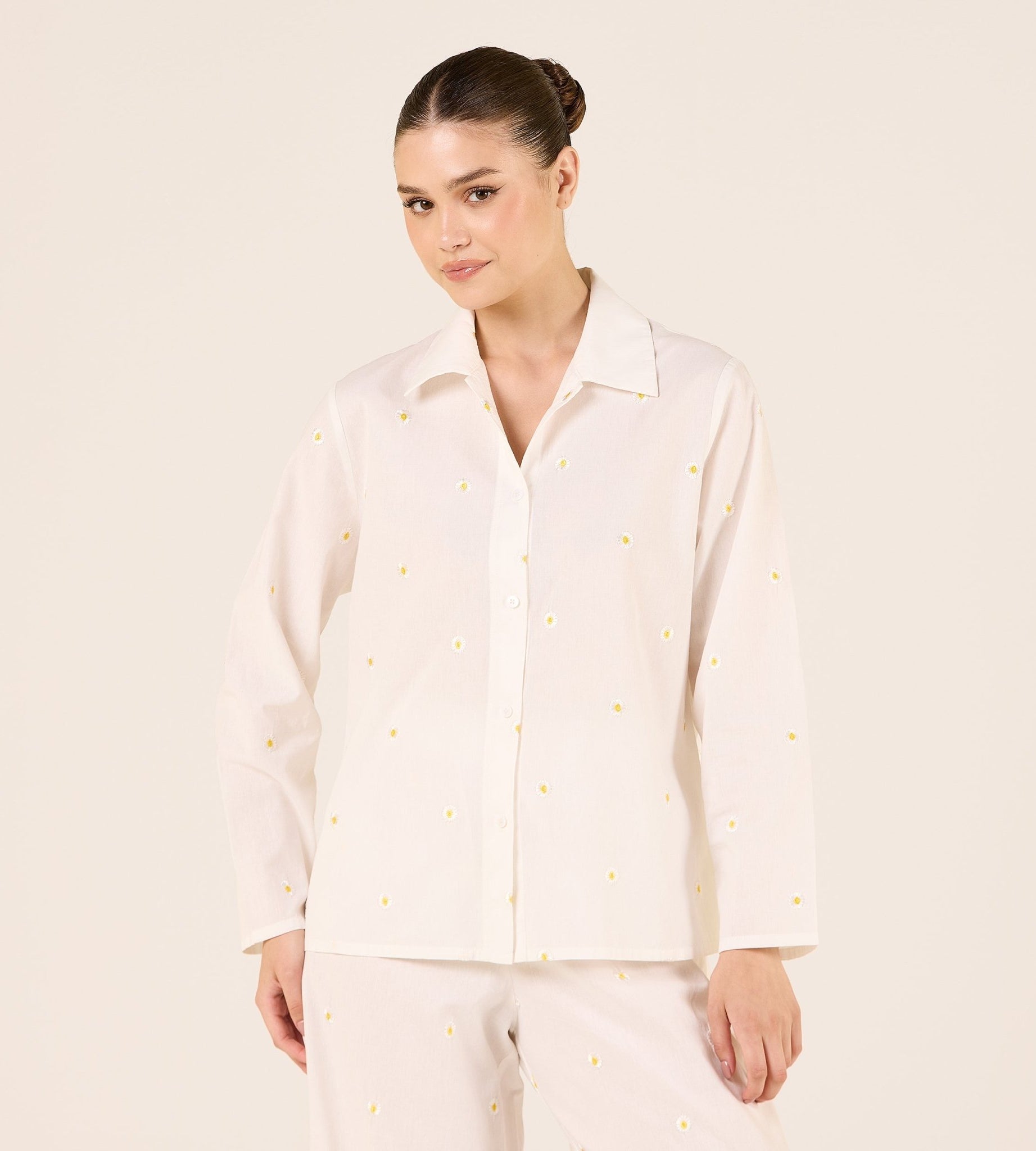 Cotton Embroidered Daisy Print Shirt - shopaleena
