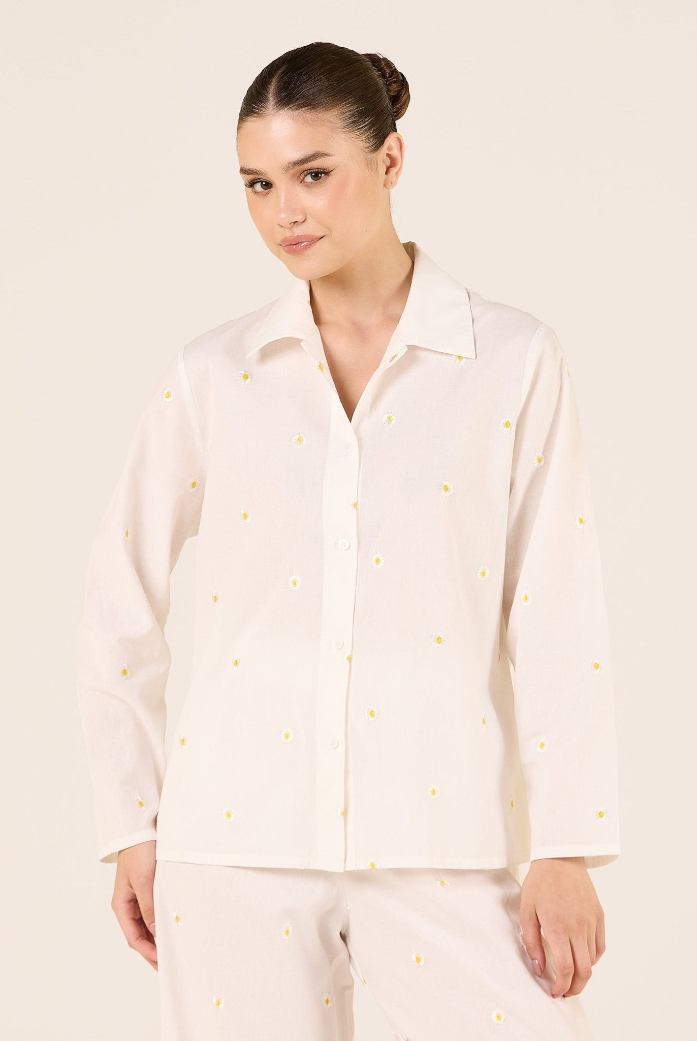 Cotton Embroidered Daisy Print Shirt - shopaleena