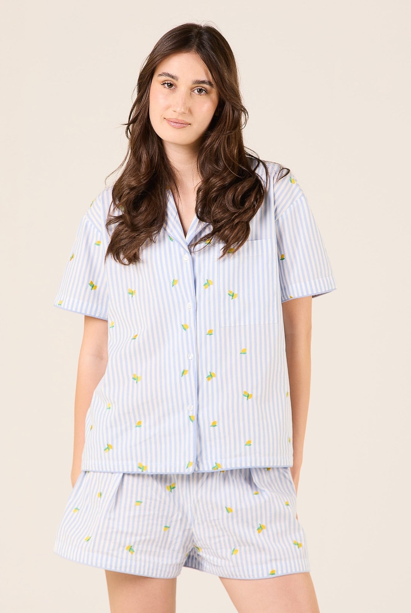 Cotton Poplin Stripe Shorts in Lemon - shopaleena