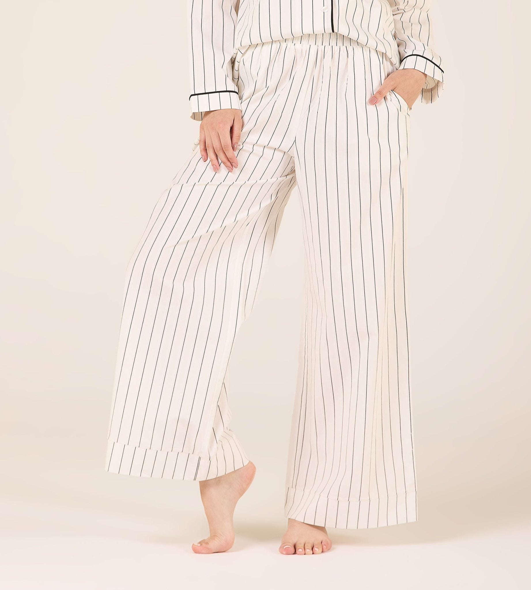 Cotton Stripe Elastic Waist Pants - shopaleena