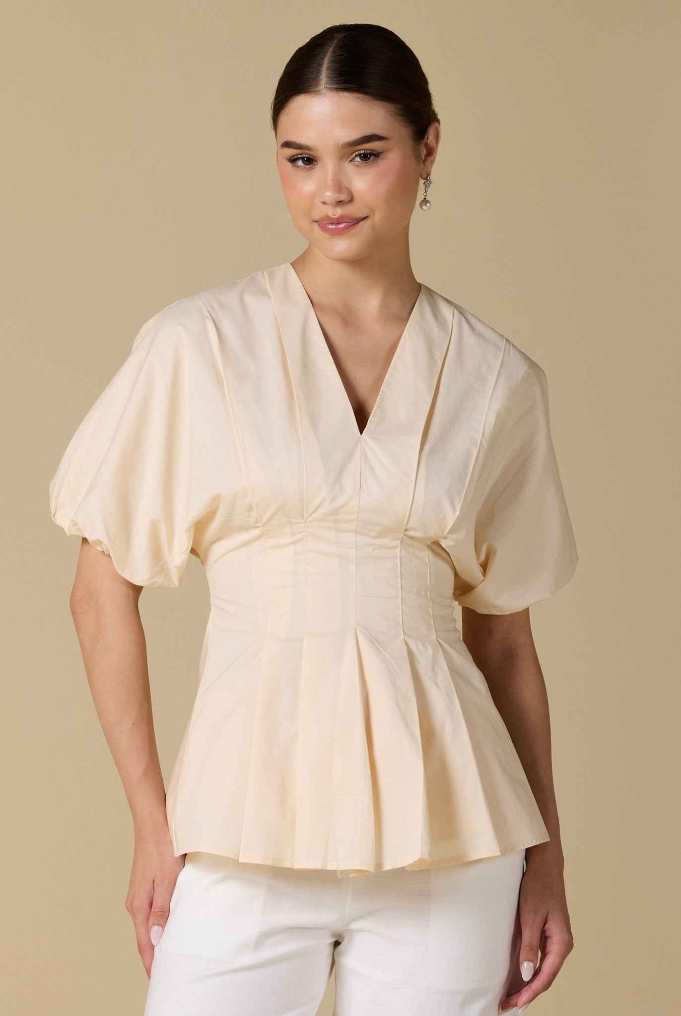 Cotton V - Neck Pleated Top with Short Sleeves - shopaleena