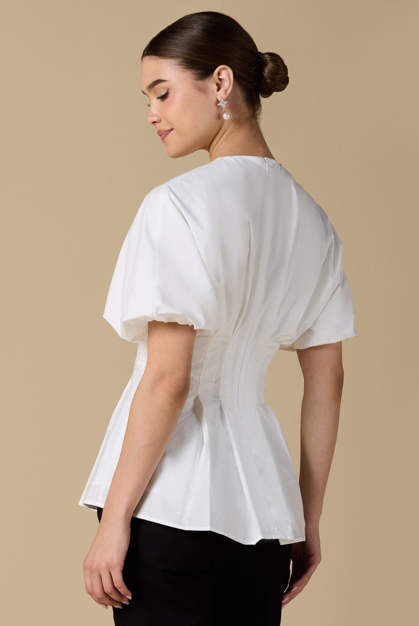 Cotton V - Neck Pleated Top with Short Sleeves - shopaleena
