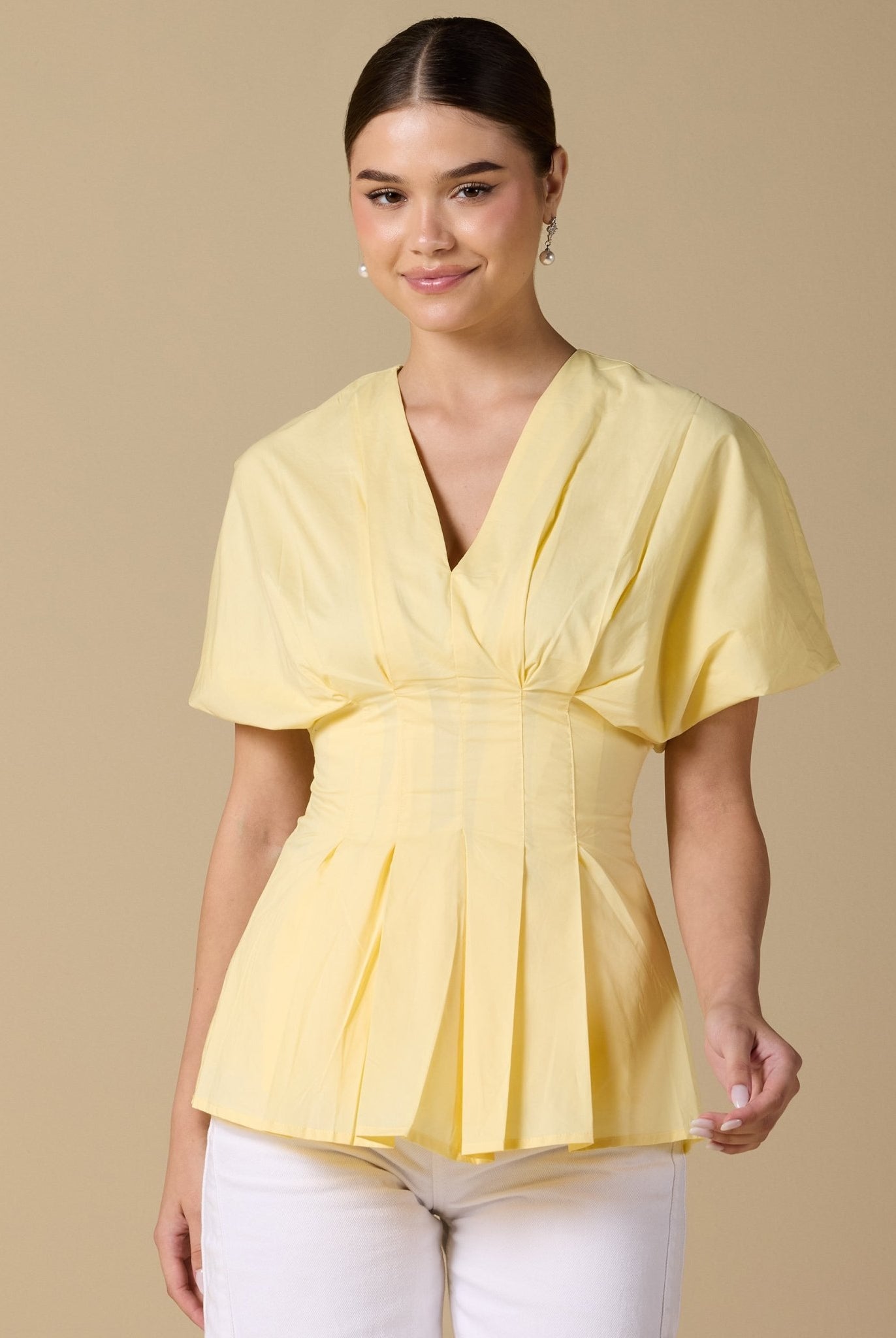 Cotton V - Neck Pleated Top with Short Sleeves - shopaleena
