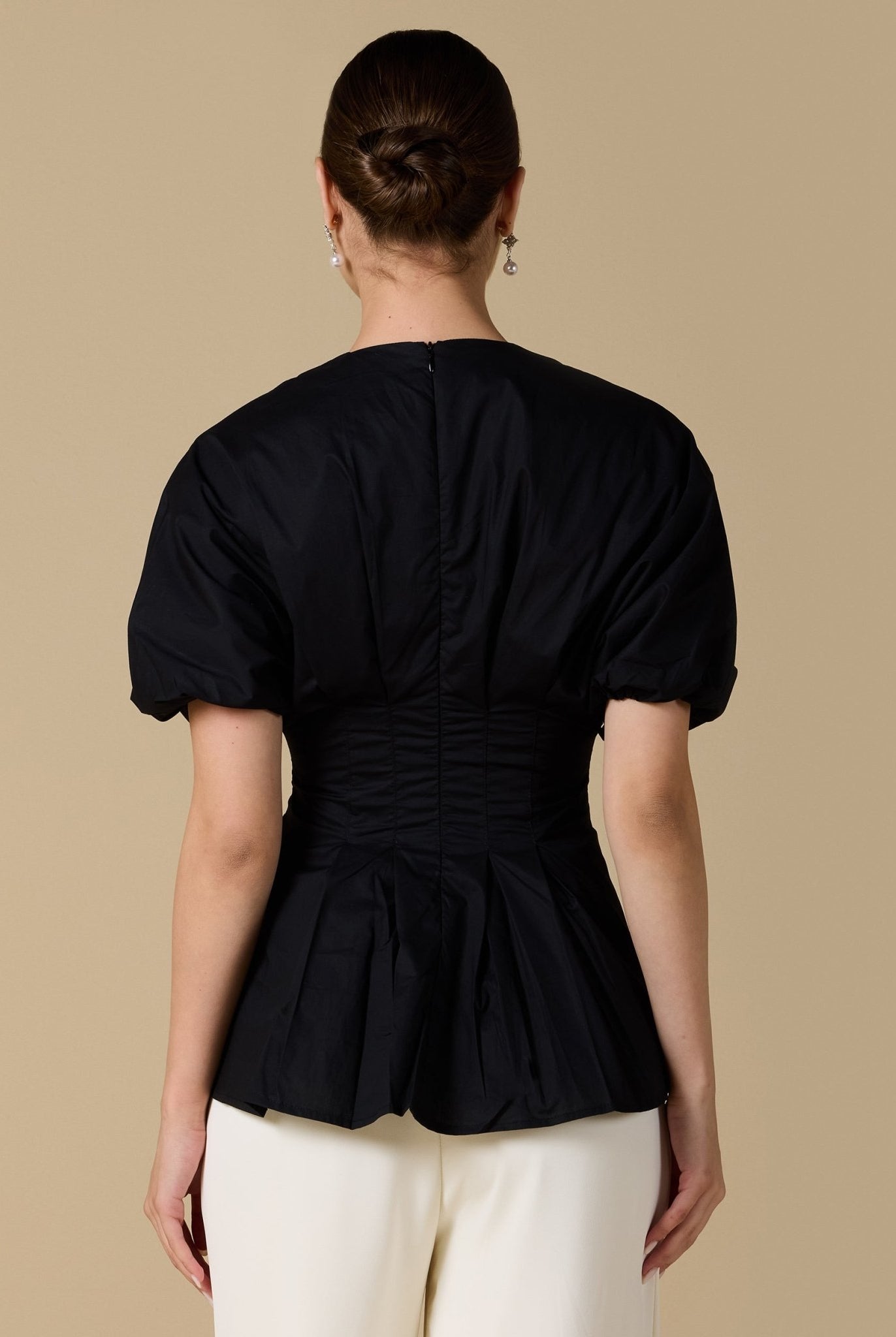 Cotton V - Neck Pleated Top with Short Sleeves - shopaleena