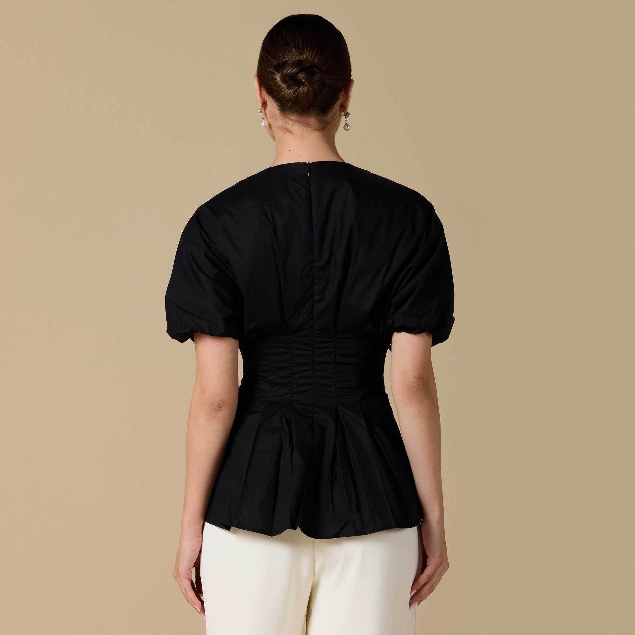 Cotton V - Neck Pleated Top with Short Sleeves - shopaleena