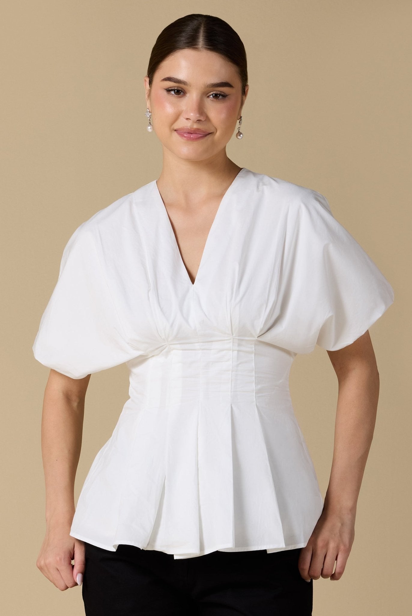 Cotton V - Neck Pleated Top with Short Sleeves - shopaleena