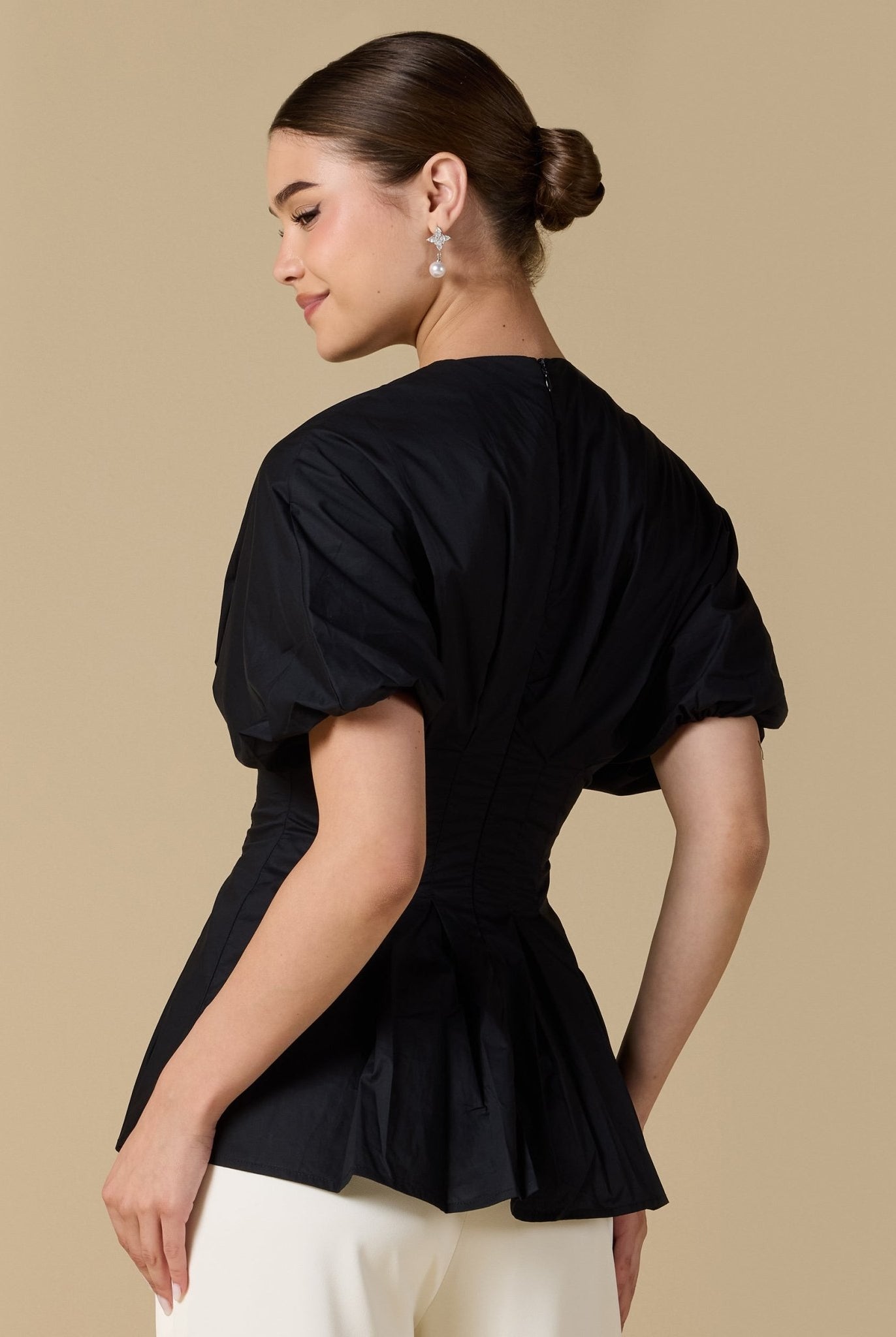 Cotton V - Neck Pleated Top with Short Sleeves - shopaleena