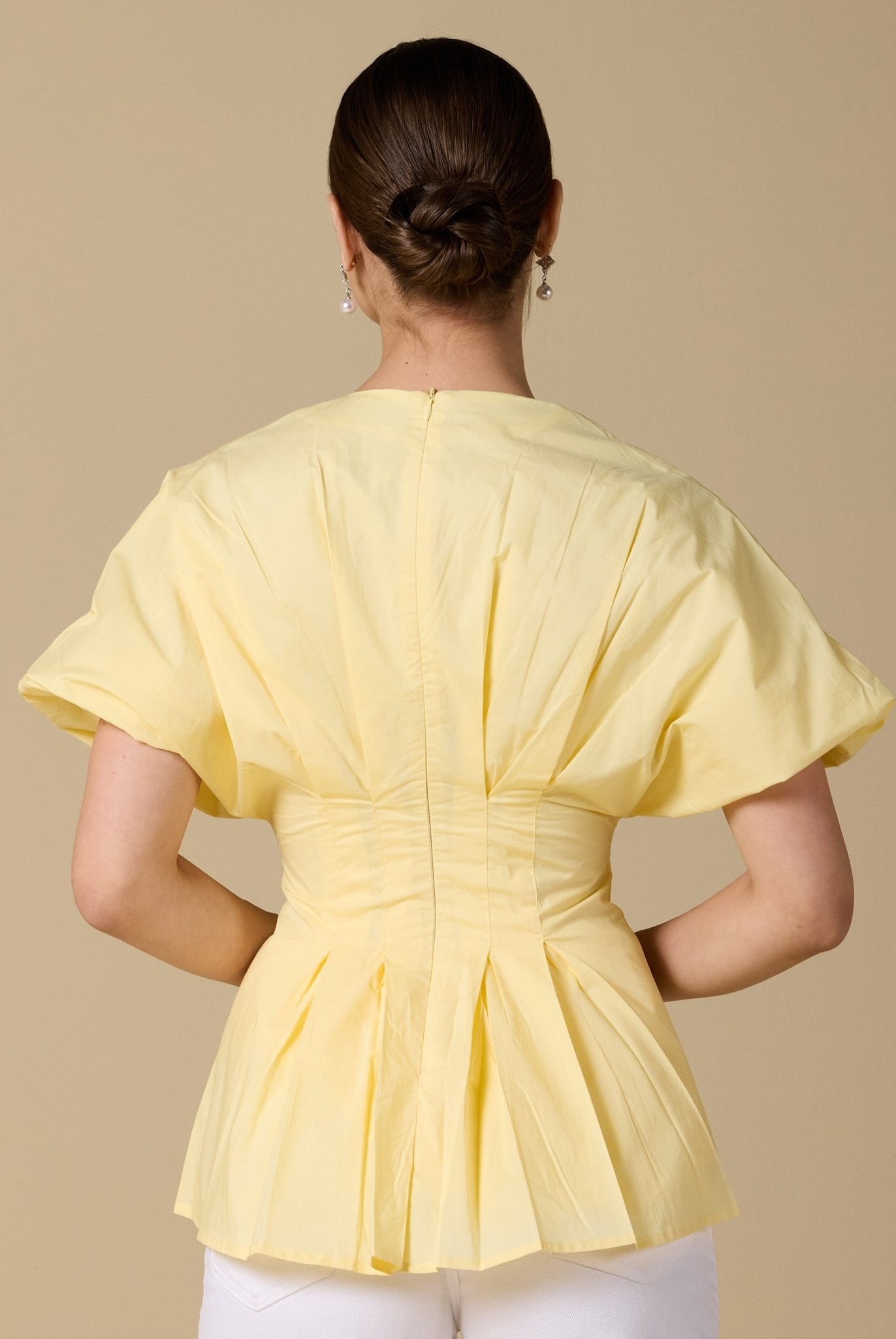 Cotton V - Neck Pleated Top with Short Sleeves - shopaleena