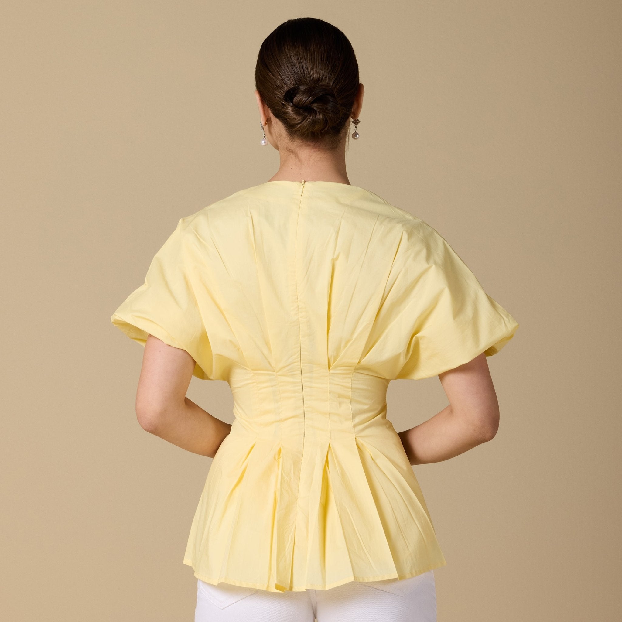 Cotton V - Neck Pleated Top with Short Sleeves - shopaleena