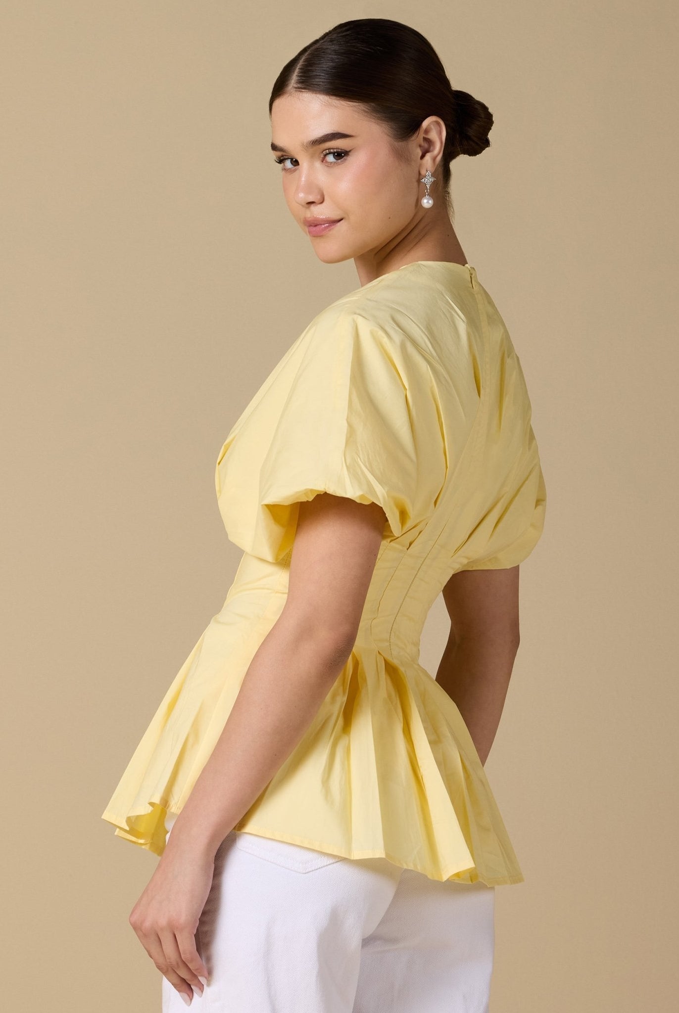 Cotton V - Neck Pleated Top with Short Sleeves - shopaleena