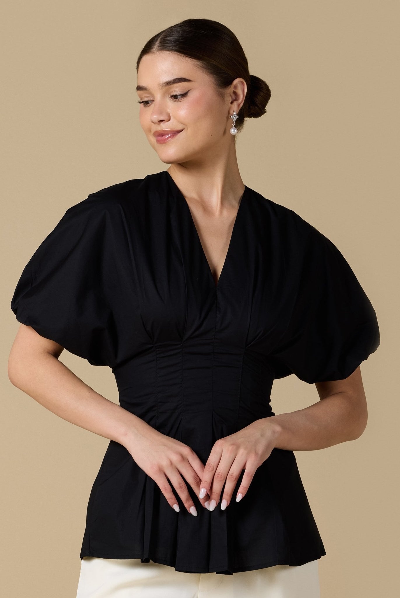 Cotton V - Neck Pleated Top with Short Sleeves - shopaleena