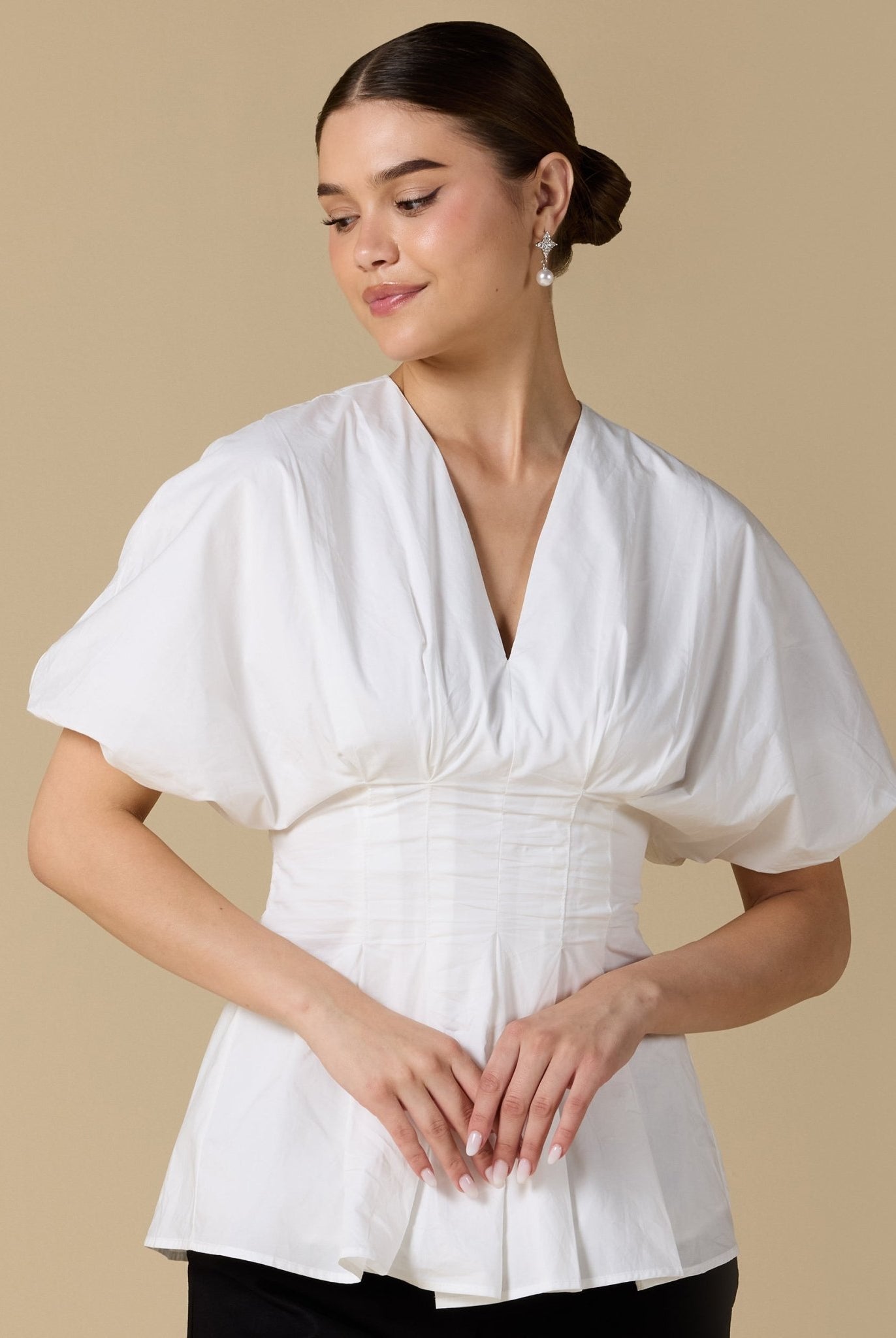 Cotton V - Neck Pleated Top with Short Sleeves - shopaleena