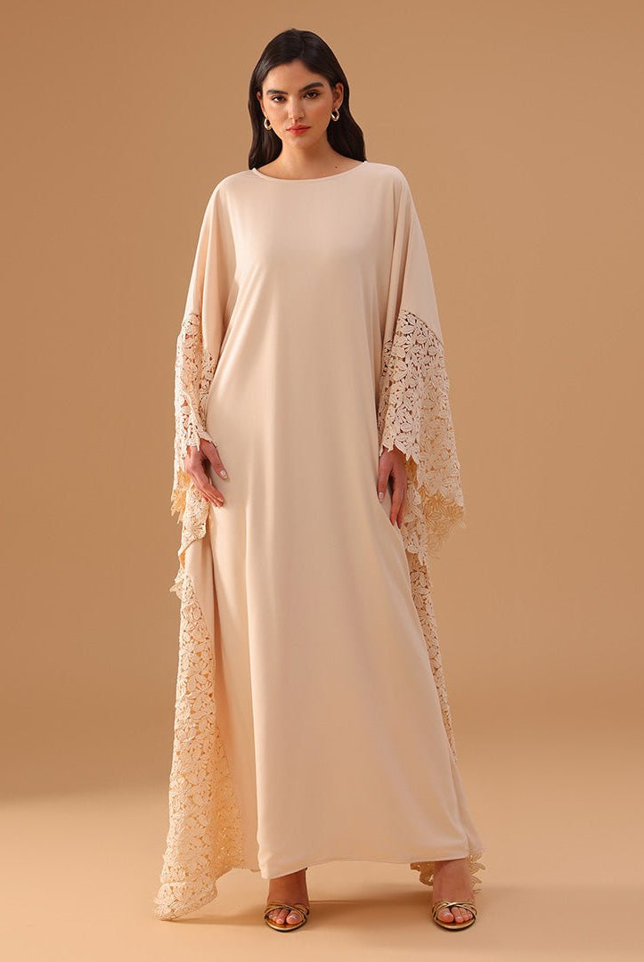 Crepe Kaftan with Lace Embellished Sleeves - shopaleena