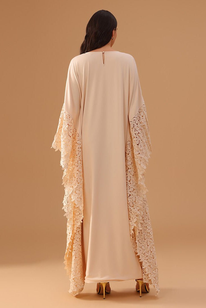 Crepe Kaftan with Lace Embellished Sleeves - shopaleena
