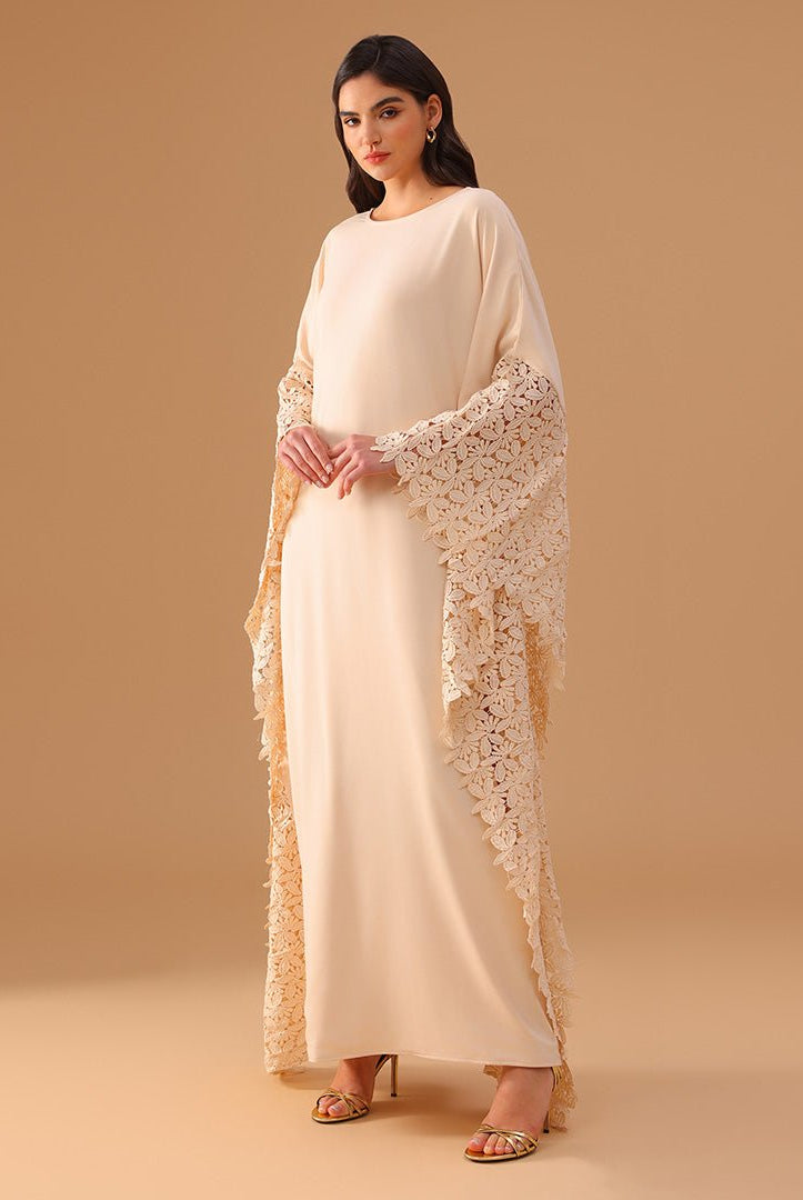 Crepe Kaftan with Lace Embellished Sleeves - shopaleena