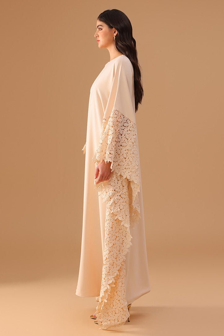 Crepe Kaftan with Lace Embellished Sleeves - shopaleena
