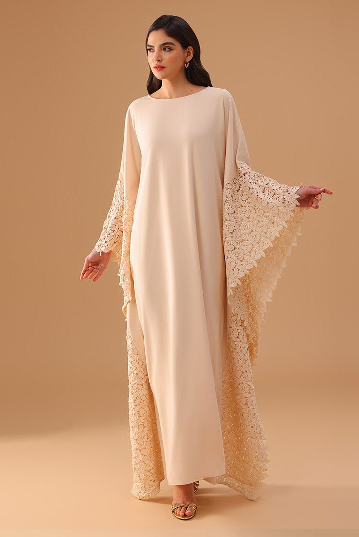 Crepe Kaftan with Lace Embellished Sleeves - shopaleena