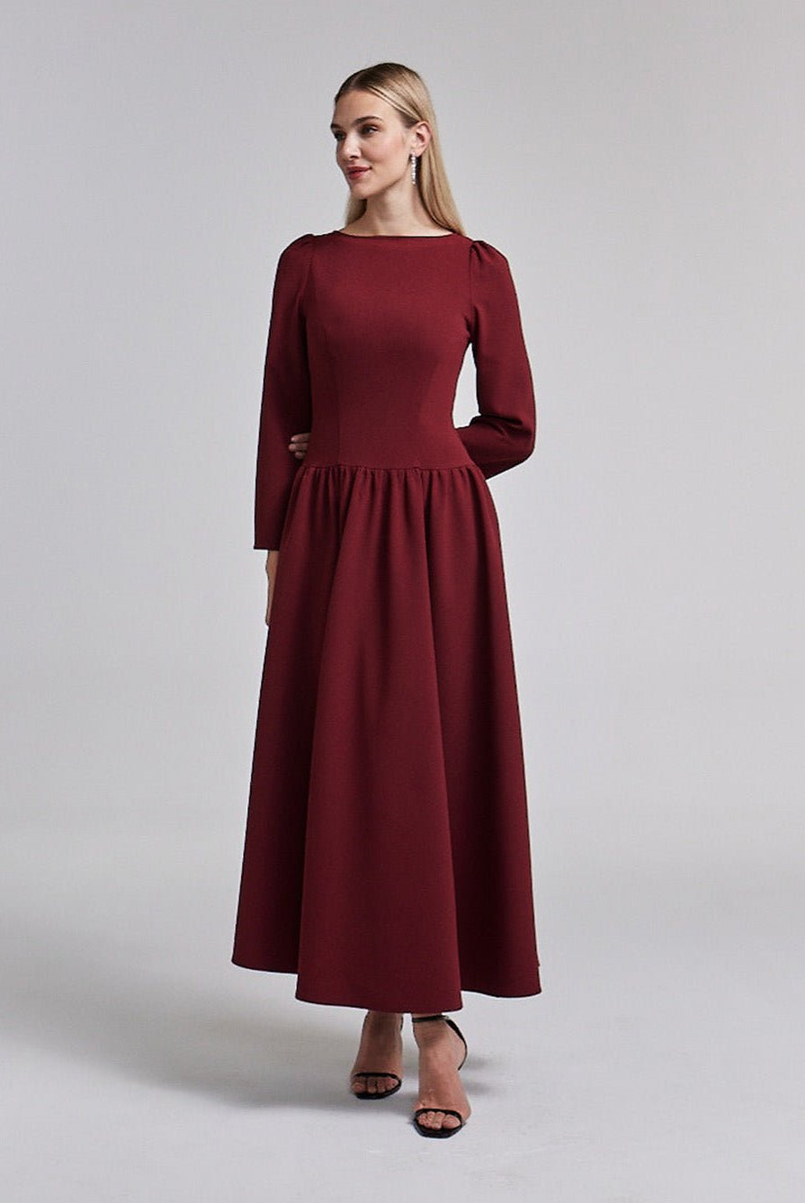 Crepe Long Sleeve A - line Maxi Dress - shopaleena