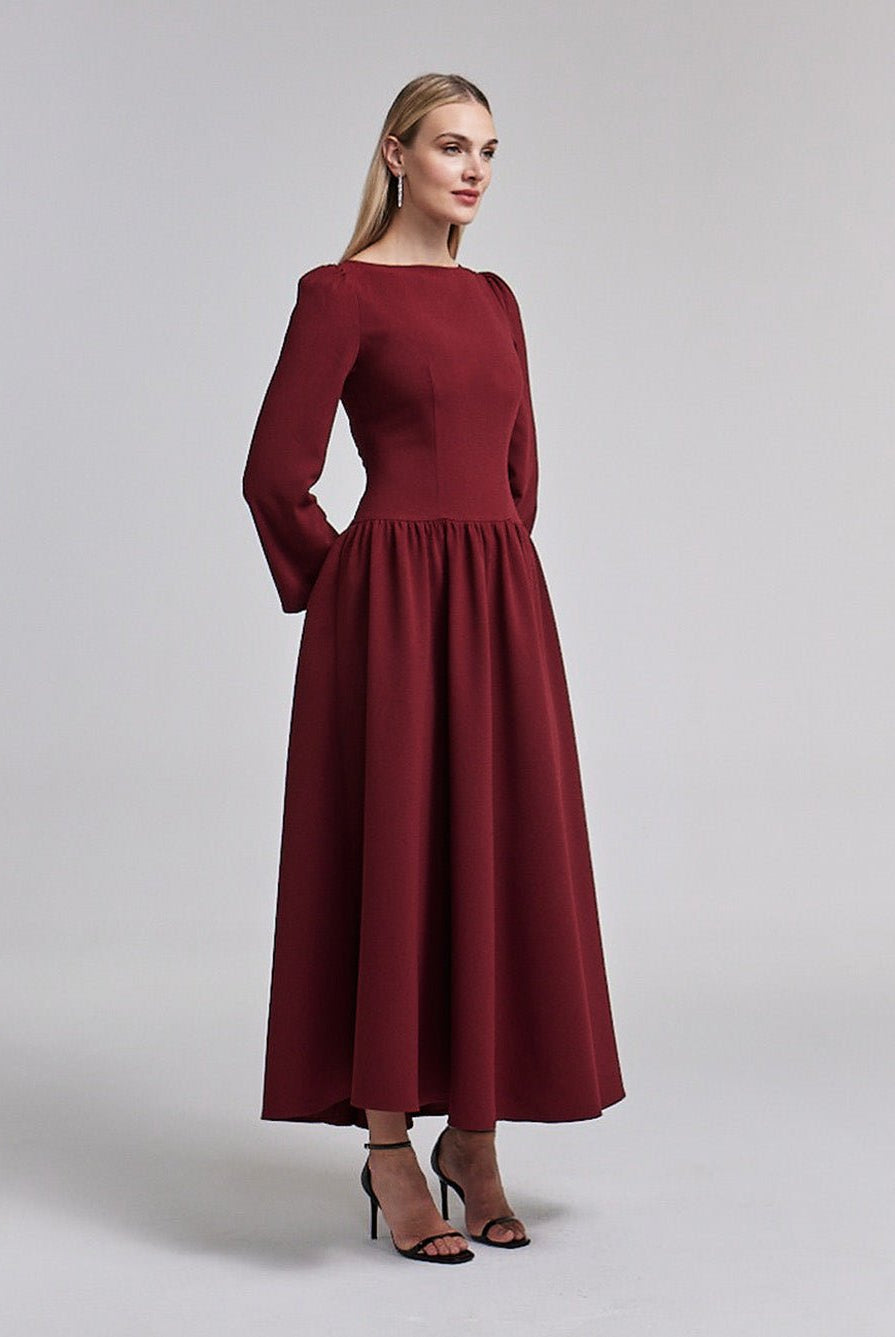 Crepe Long Sleeve A - line Maxi Dress - shopaleena
