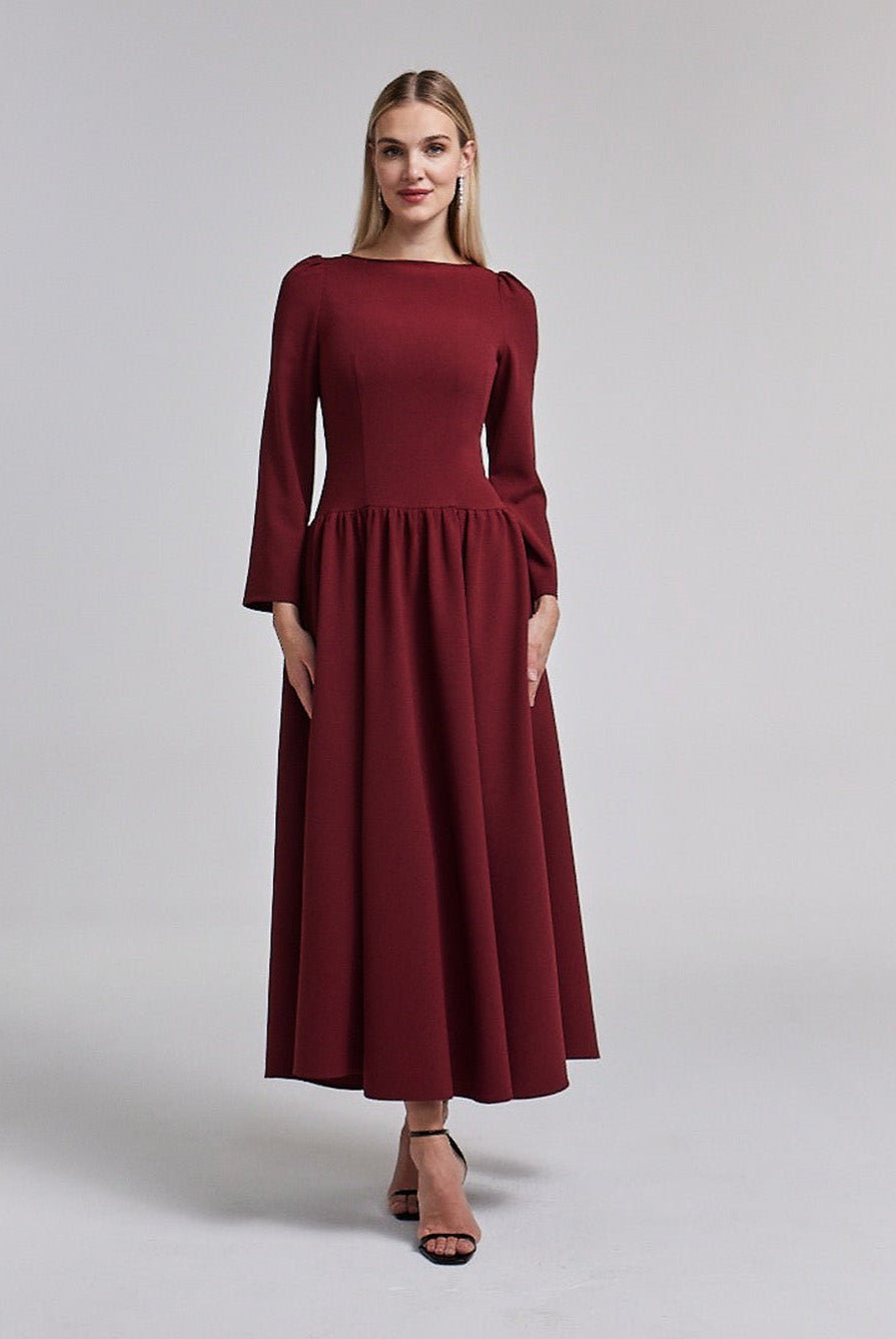 Crepe Long Sleeve A - line Maxi Dress - shopaleena