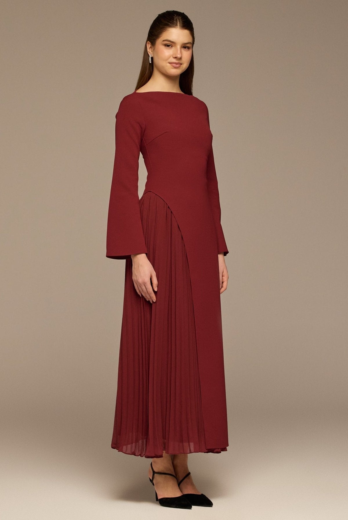 Crepe Maxi Dress with Side Pleated Panel - shopaleena