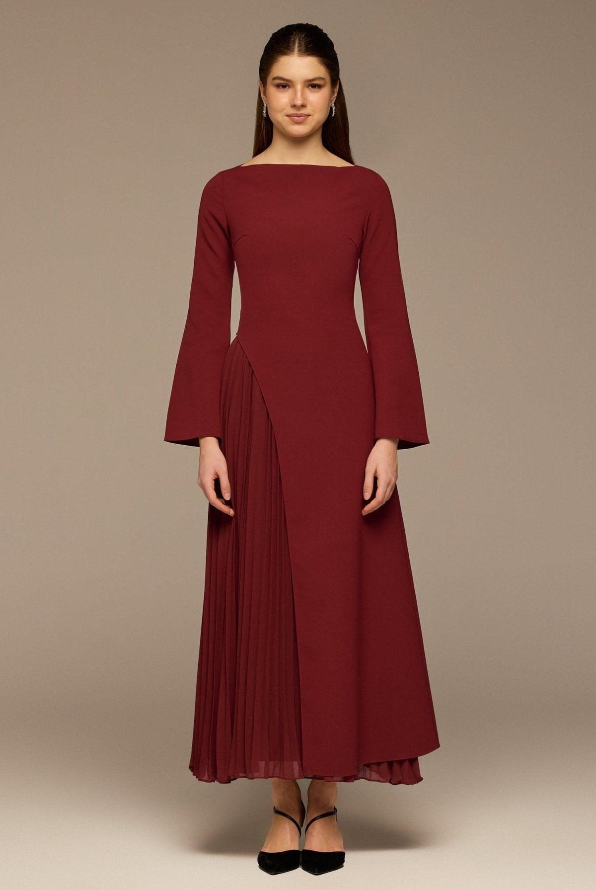 Crepe Maxi Dress with Side Pleated Panel - shopaleena
