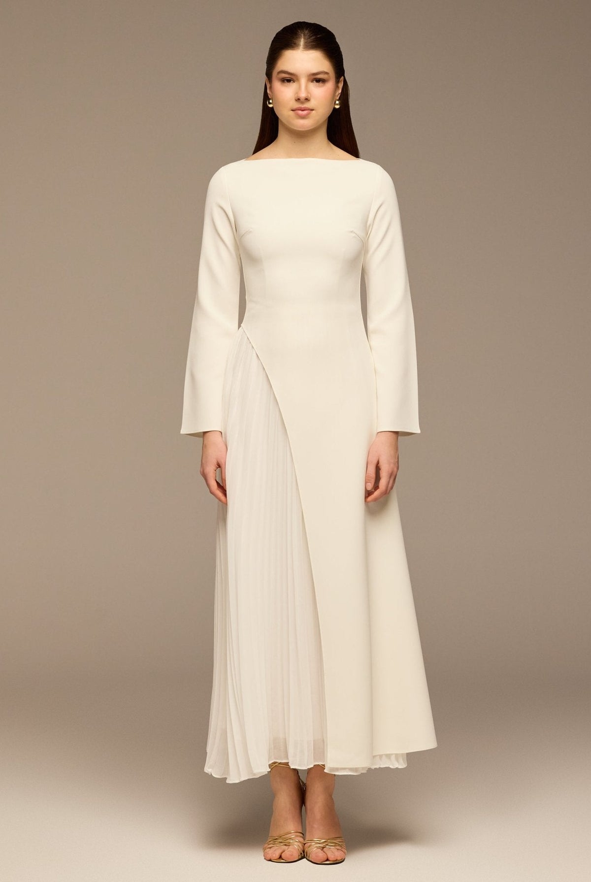 Crepe Maxi Dress with Side Pleated Panel - shopaleena