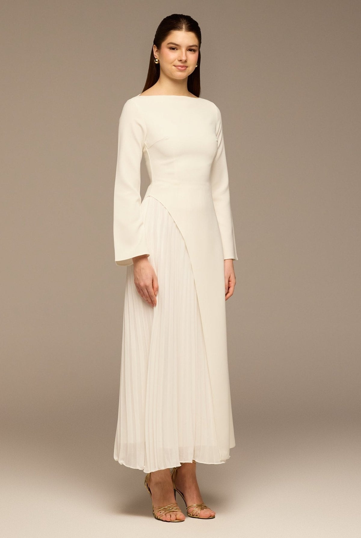 Crepe Maxi Dress with Side Pleated Panel - shopaleena