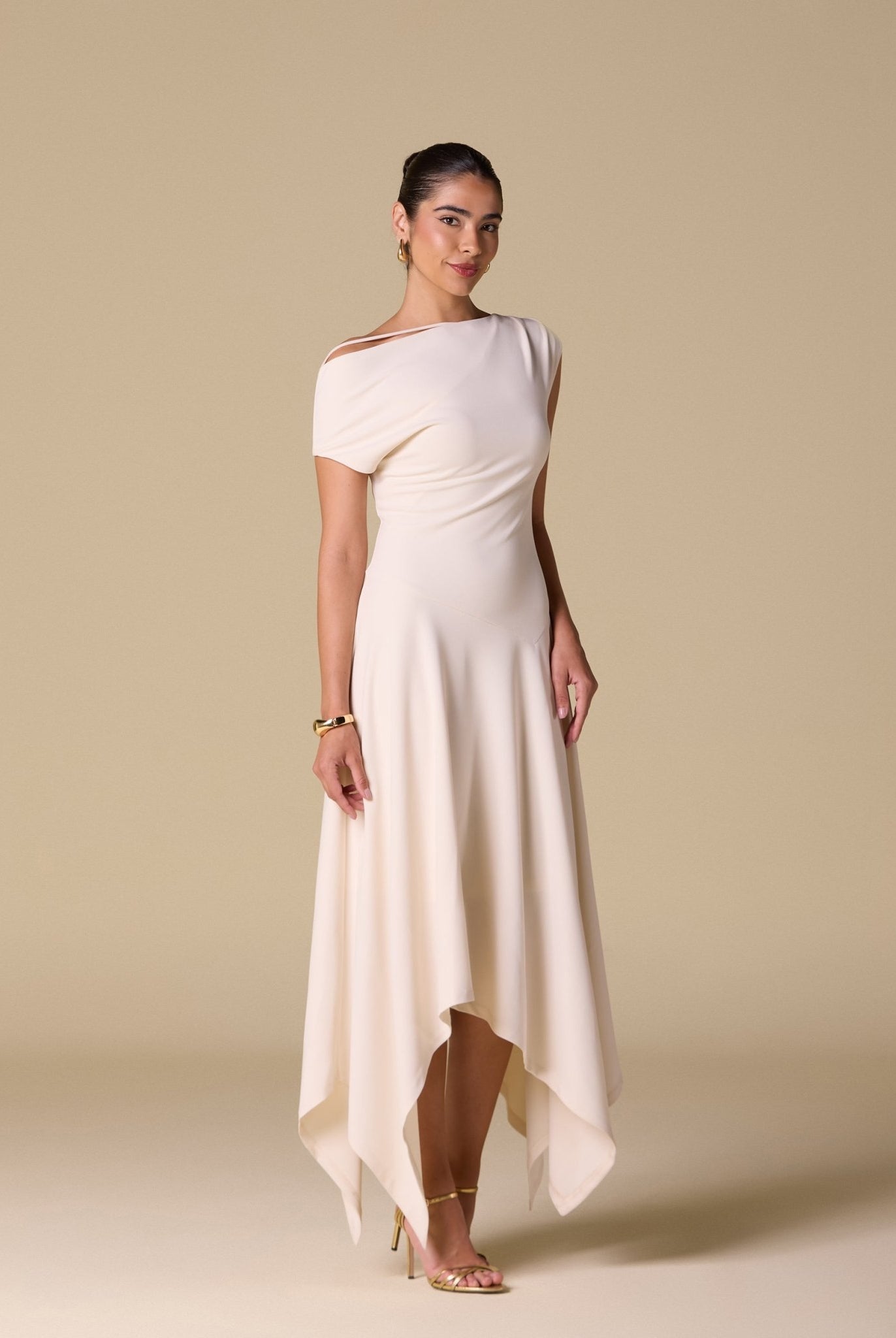 Crepe Off Shoulder Asymmetric Midi Dress - shopaleena