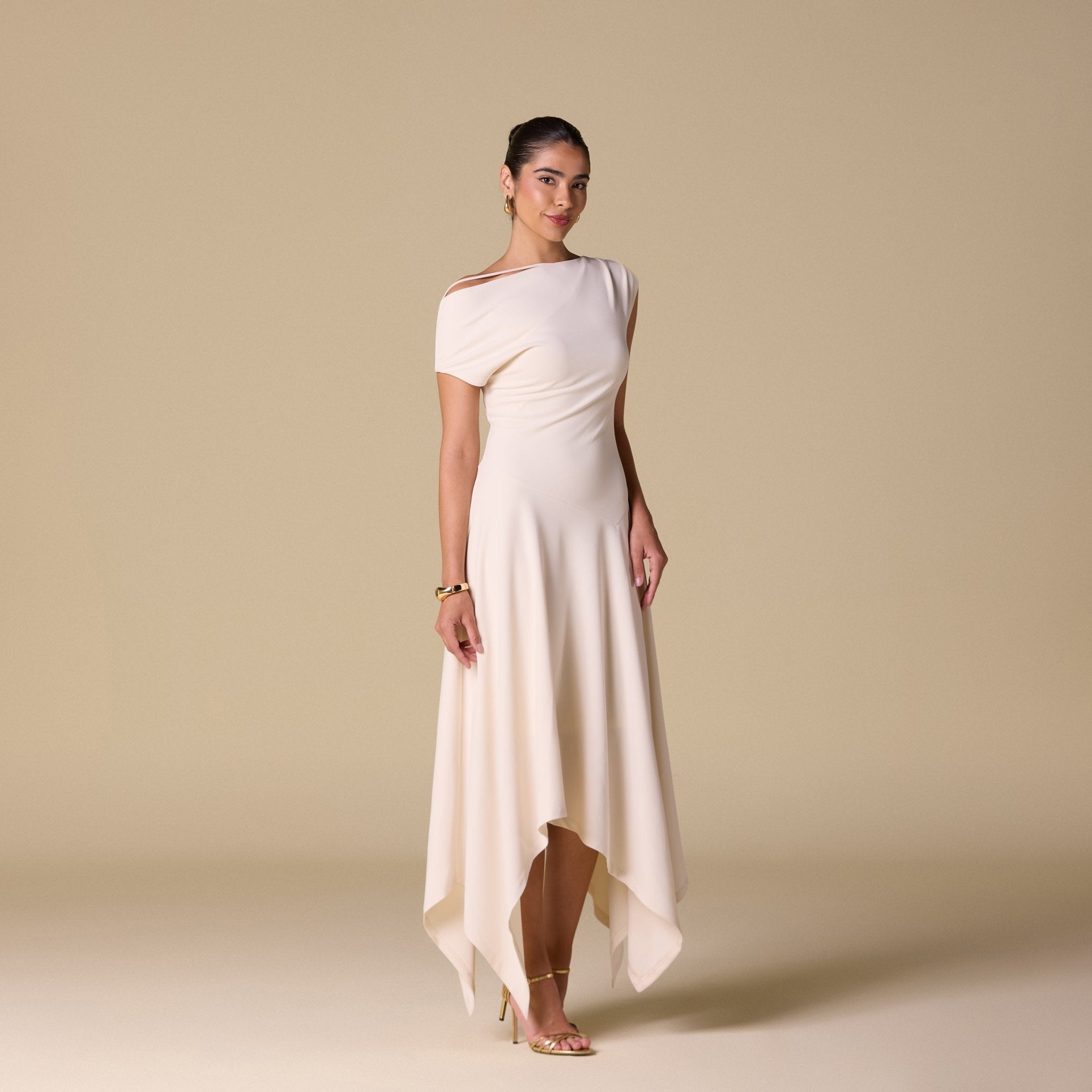 Crepe Off Shoulder Asymmetric Midi Dress - shopaleena