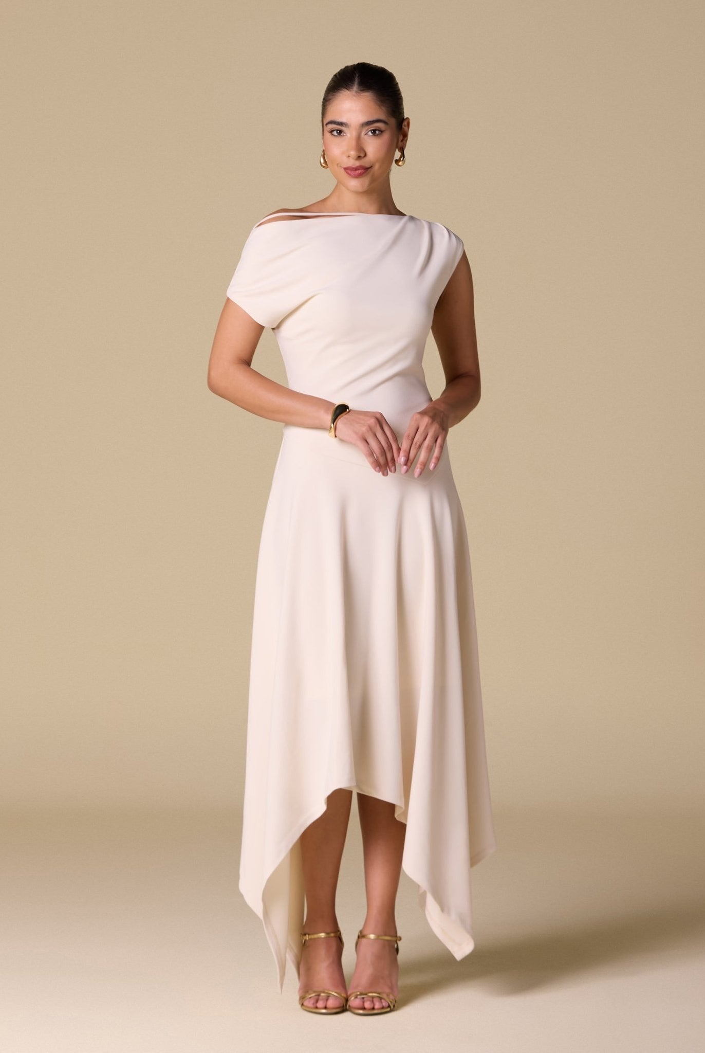 Crepe Off Shoulder Asymmetric Midi Dress - shopaleena