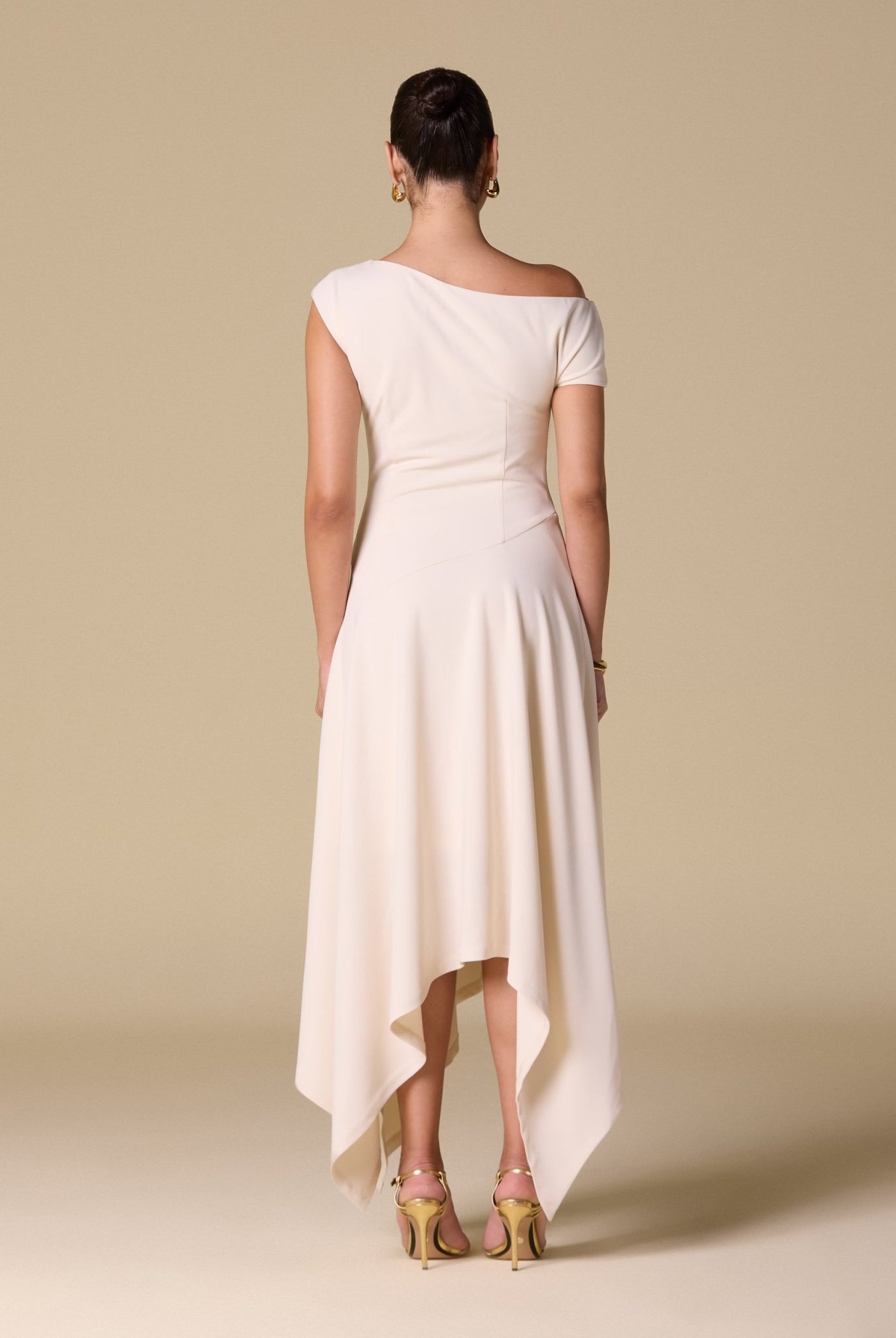 Crepe Off Shoulder Asymmetric Midi Dress - shopaleena