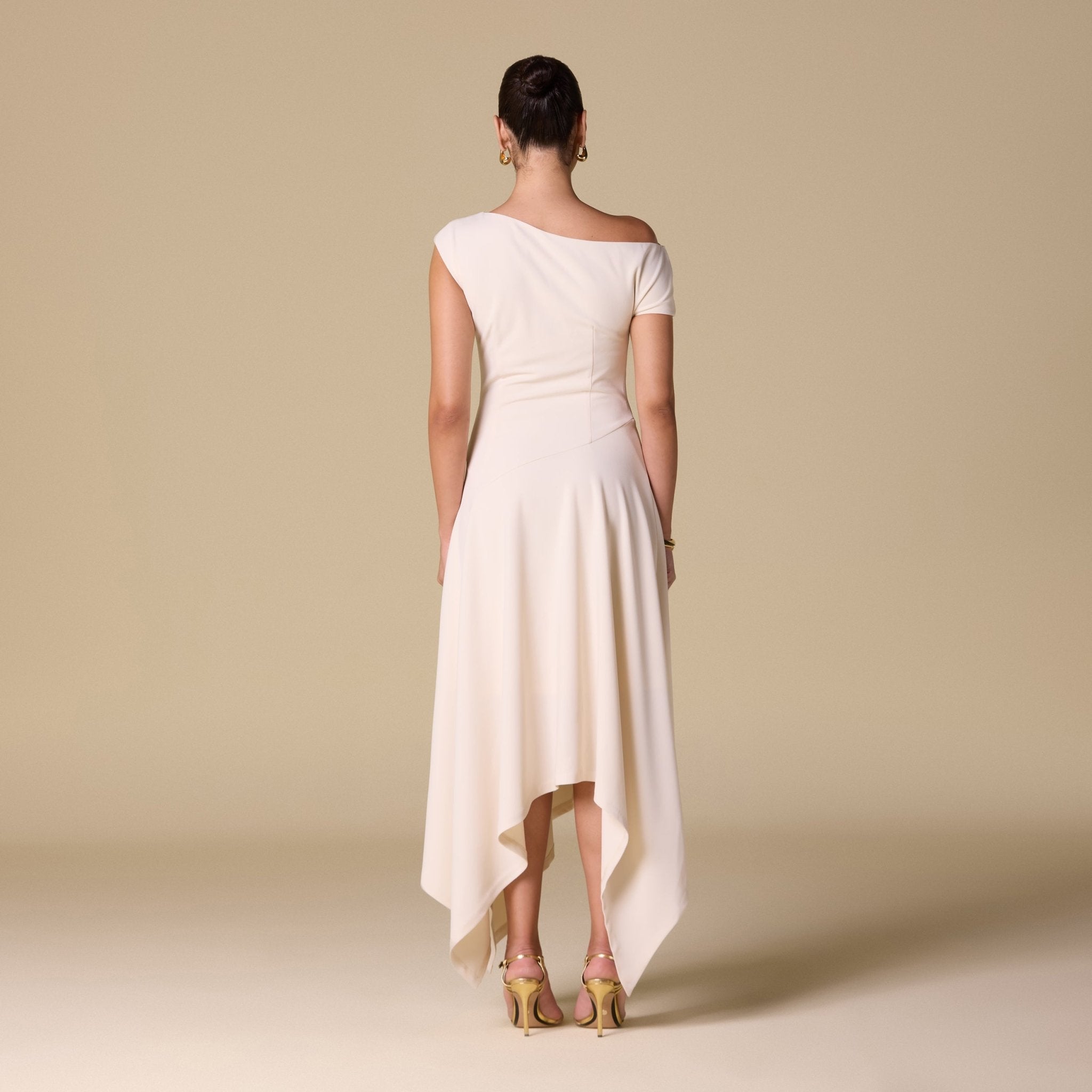 Crepe Off Shoulder Asymmetric Midi Dress - shopaleena