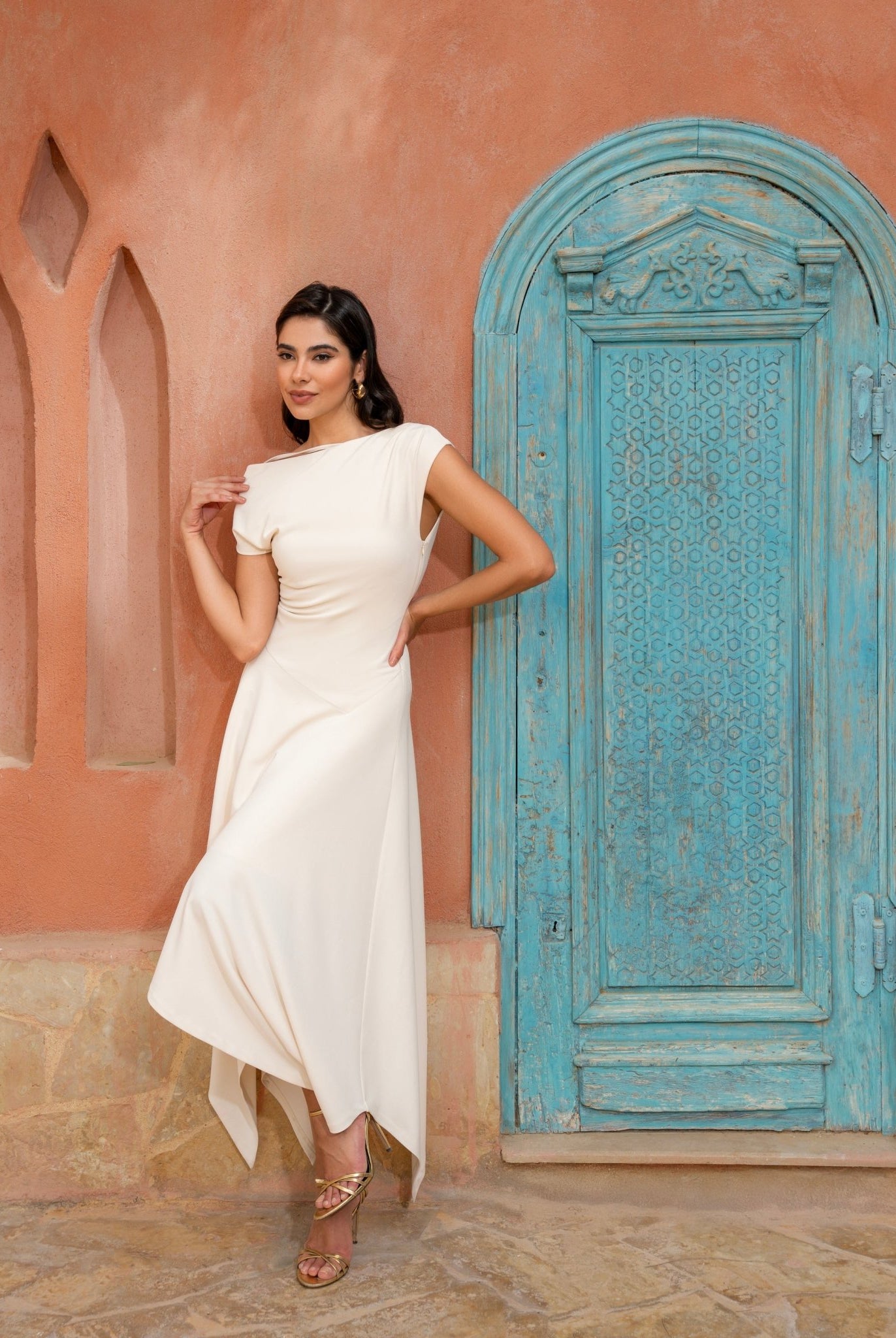 Crepe Off Shoulder Asymmetric Midi Dress - shopaleena