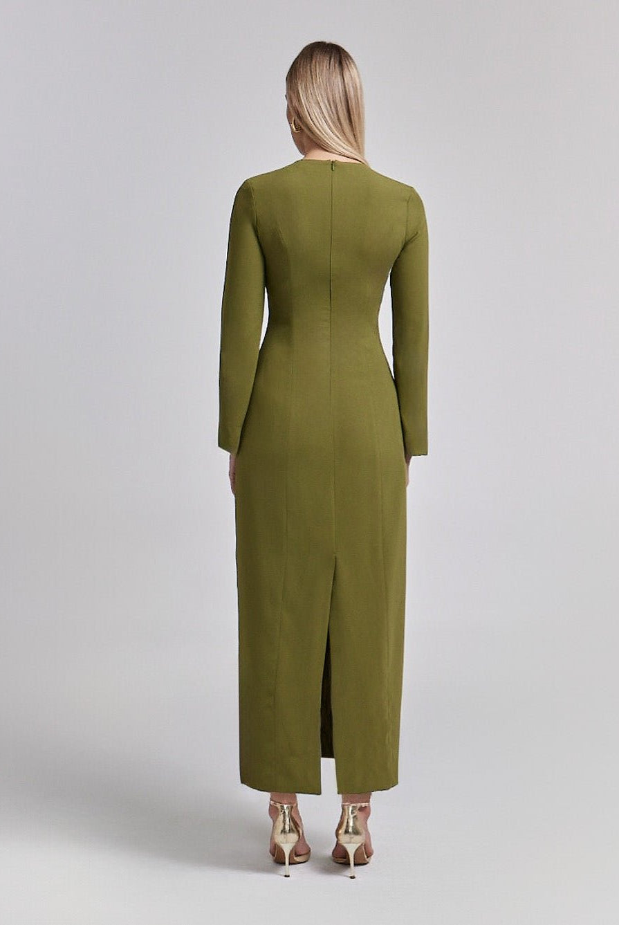 Crepe Olive Green Long Sleeve Dress - shopaleena