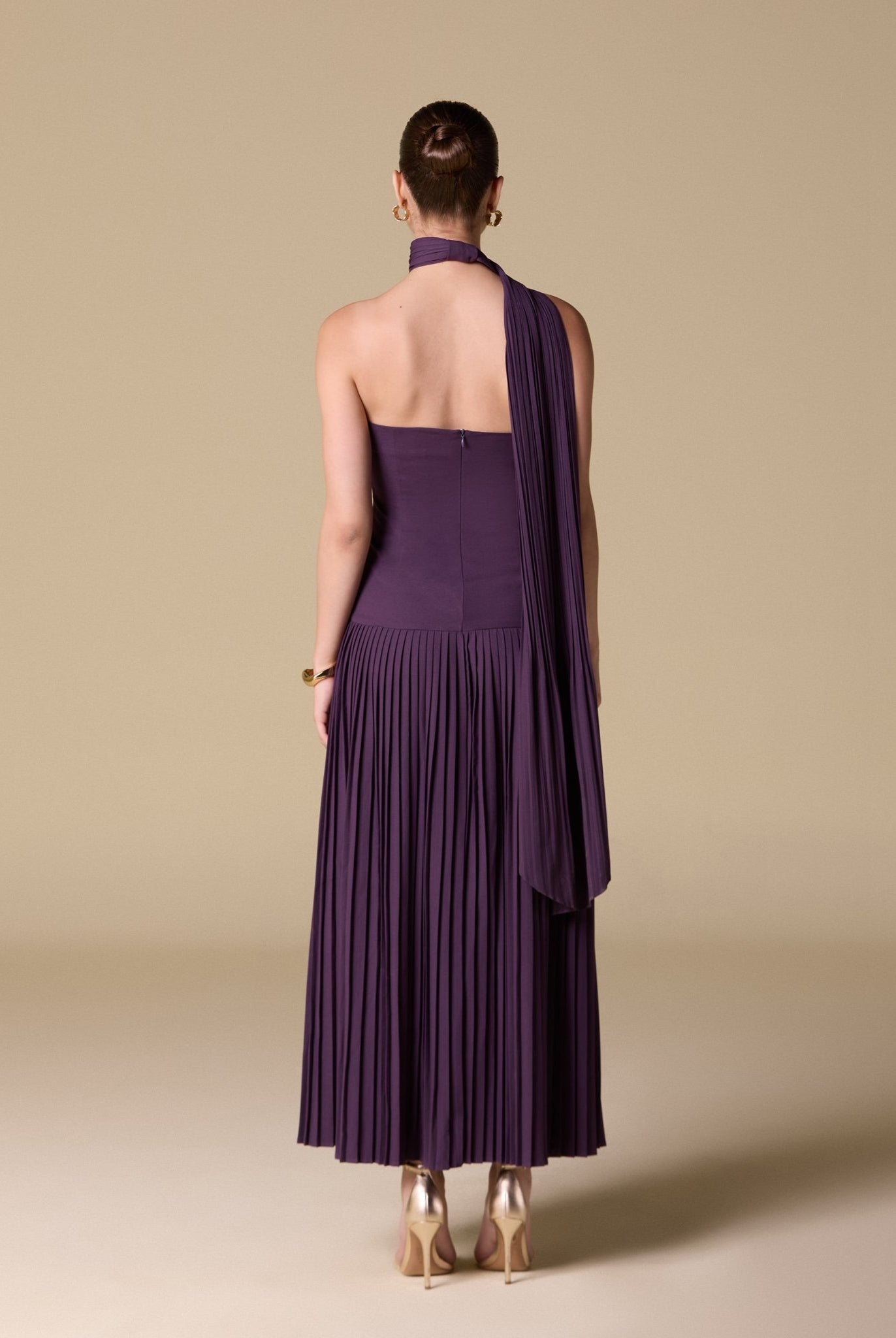 Crepe Pleated Scarf Maxi Dress - shopaleena