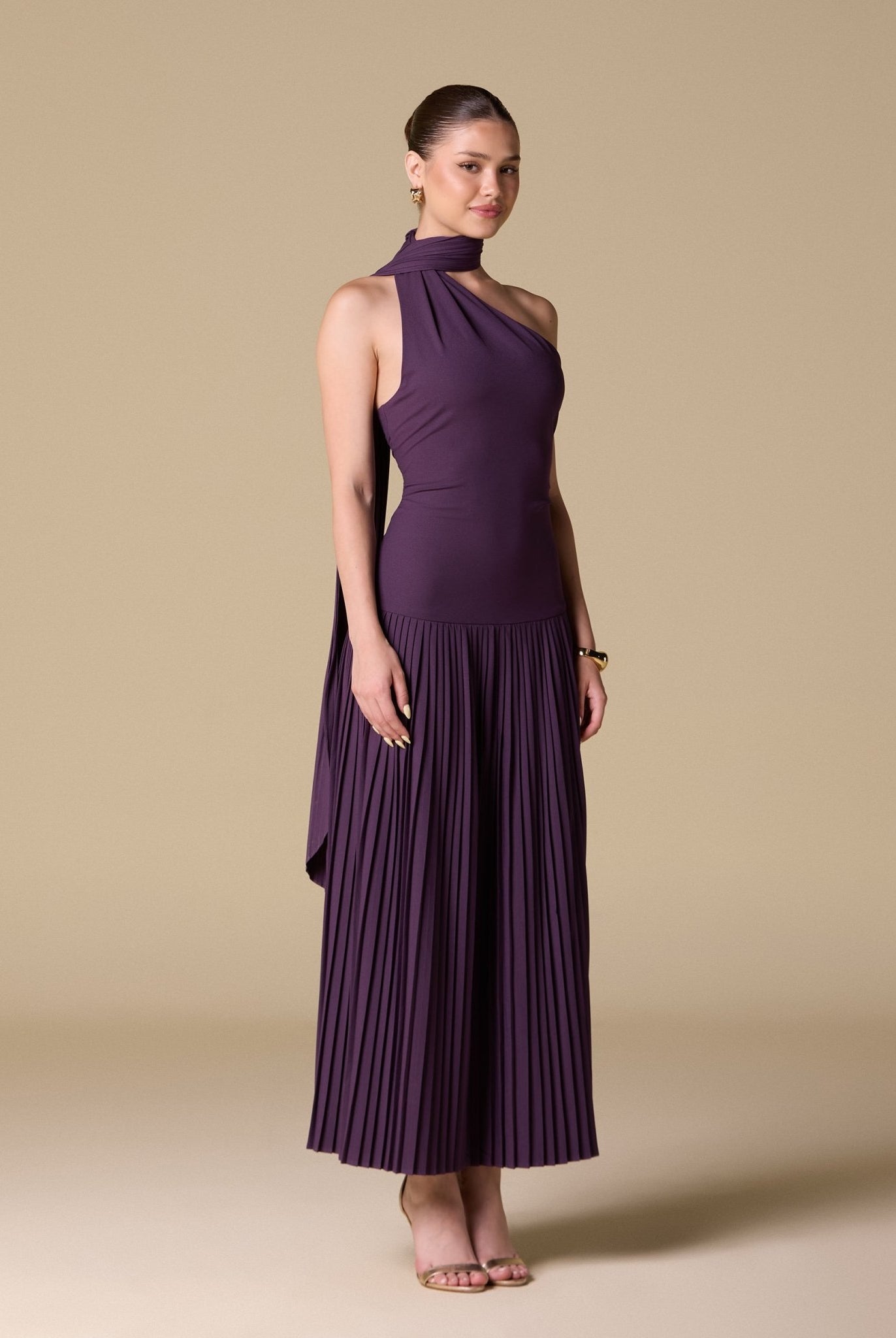 Crepe Pleated Scarf Maxi Dress - shopaleena