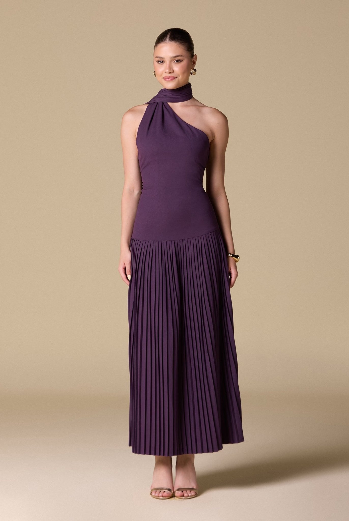 Crepe Pleated Scarf Maxi Dress - shopaleena