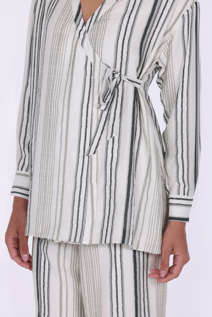 Crinkle Stripe Viscose Shirt with Side Ribbon - shopaleena