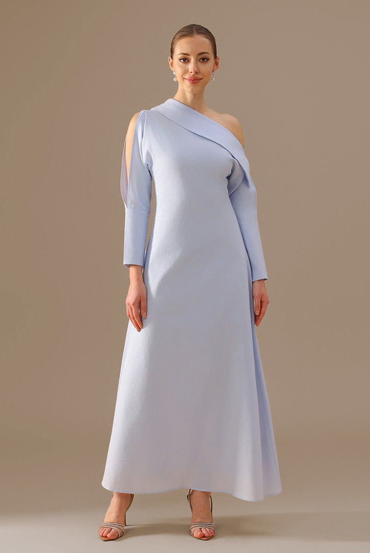 Cut - out Sleeve Linen one - shoulder dress - shopaleena