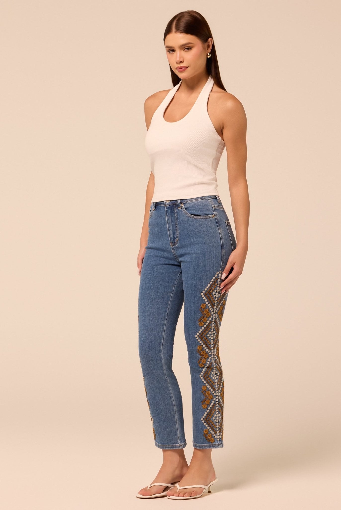 Dark Blue Embroidered Straight Leg Jeans - shopaleena