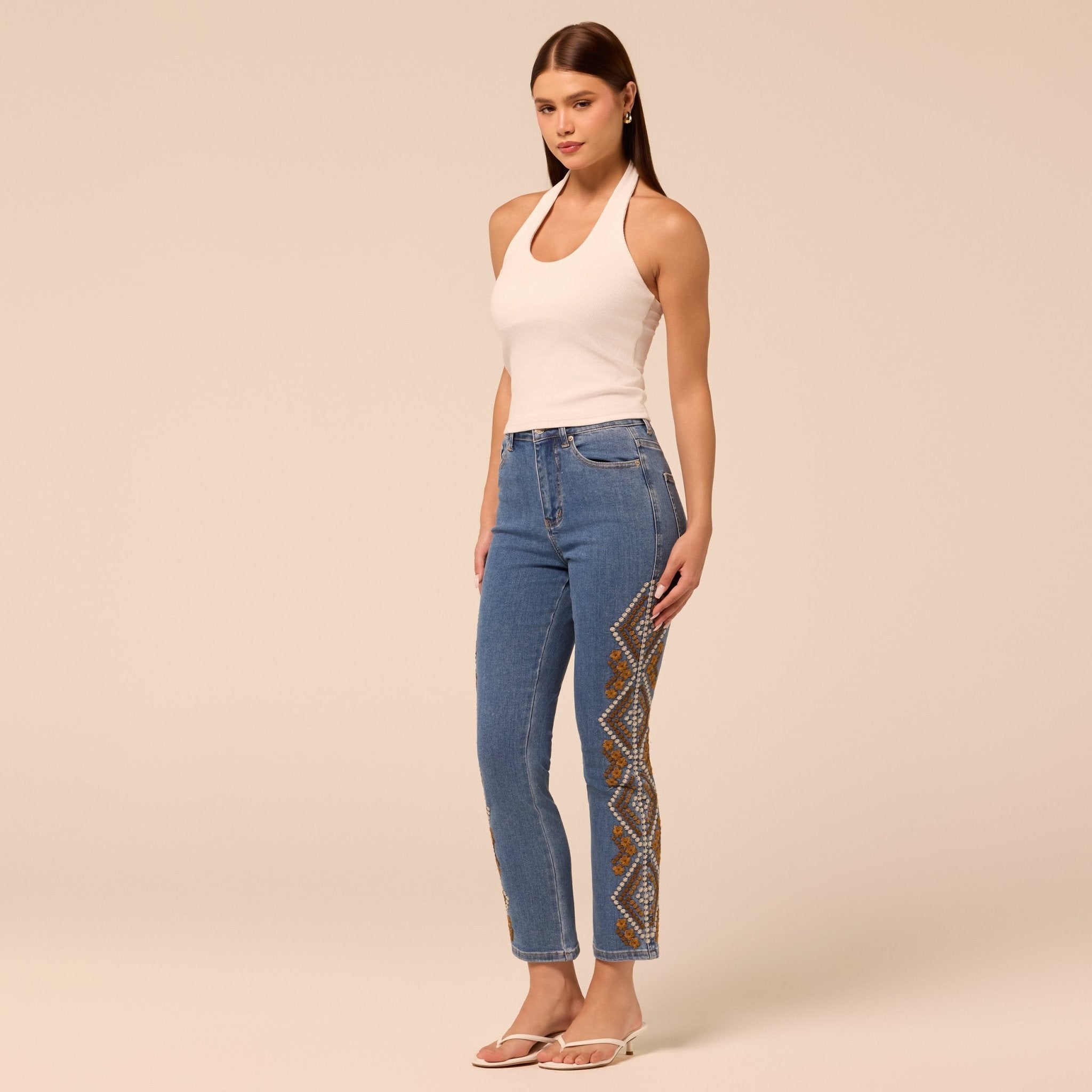 Dark Blue Embroidered Straight Leg Jeans - shopaleena