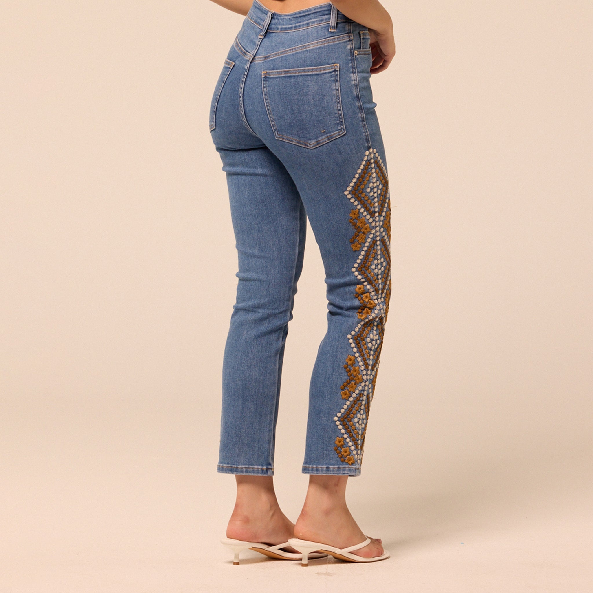 Dark Blue Embroidered Straight Leg Jeans - shopaleena