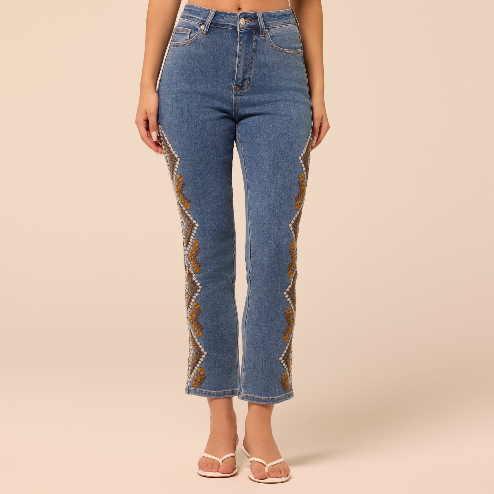 Dark Blue Embroidered Straight Leg Jeans - shopaleena
