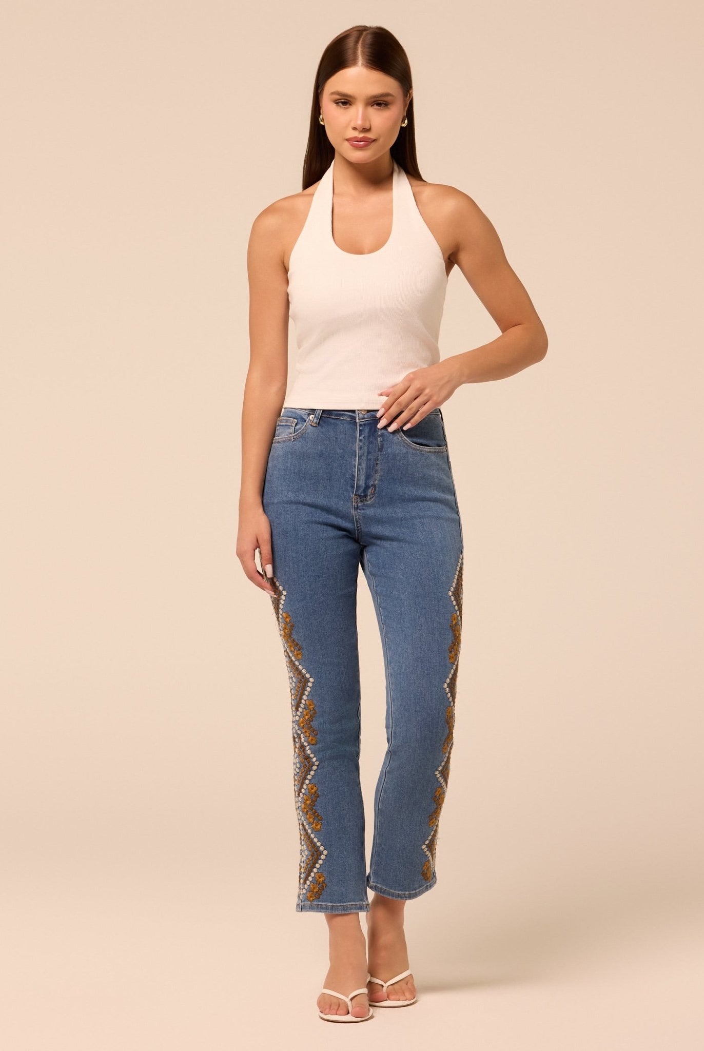 Dark Blue Embroidered Straight Leg Jeans - shopaleena