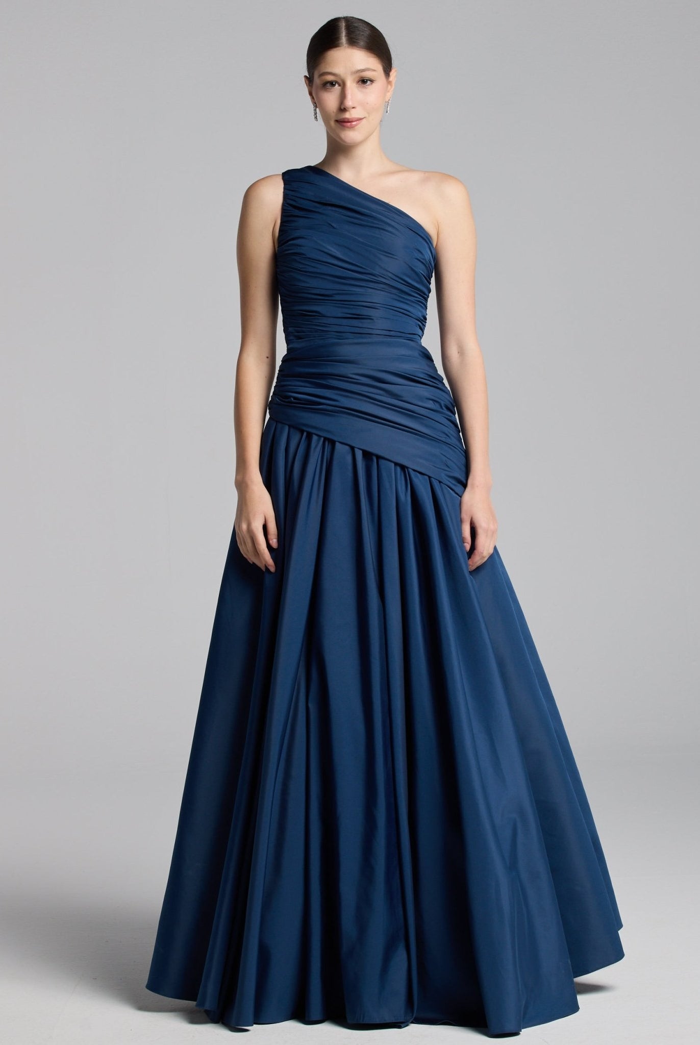 Dark Blue One Shoulder Ruched Gown - shopaleena